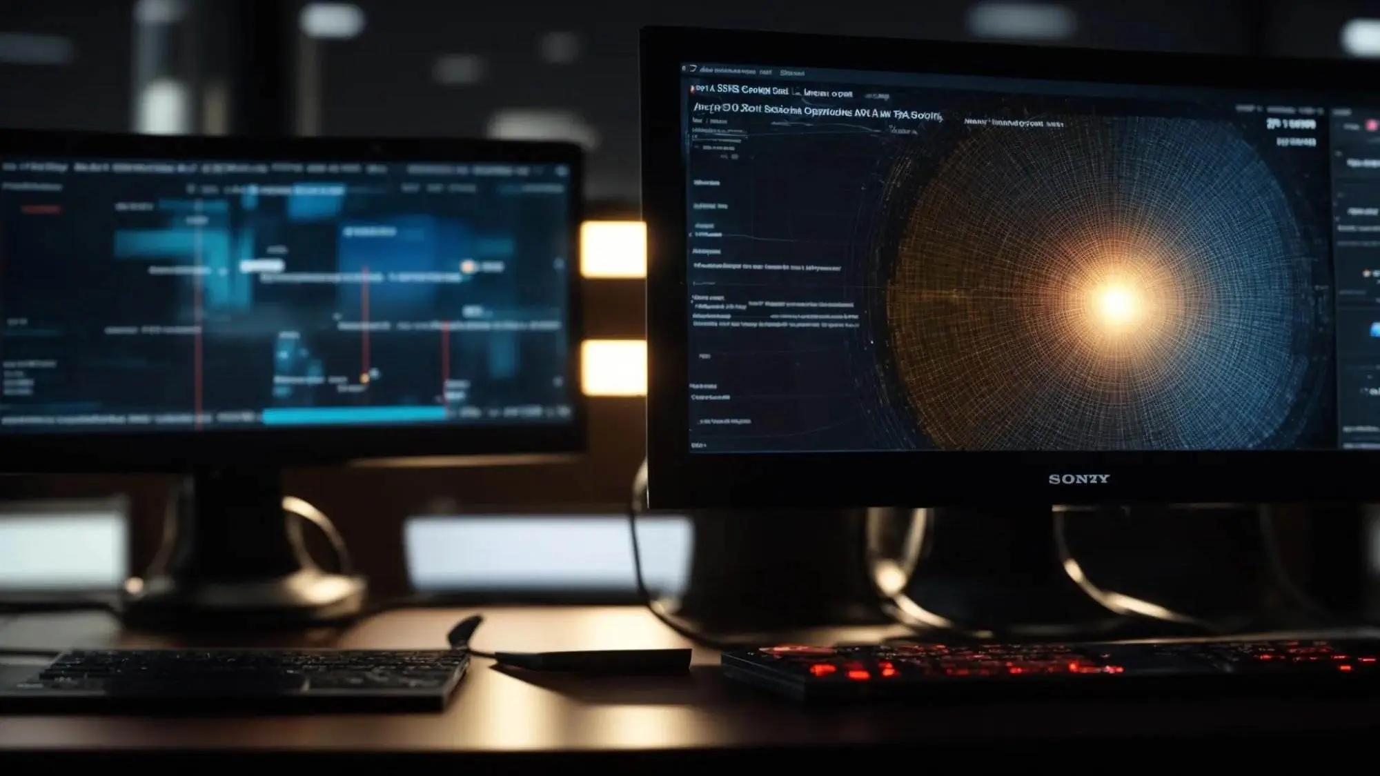 a captivating close-up of a glowing computer screen displaying a detailed backlink analysis, surrounded by a blurred, high-tech office environment bathed in soft, ambient lighting.