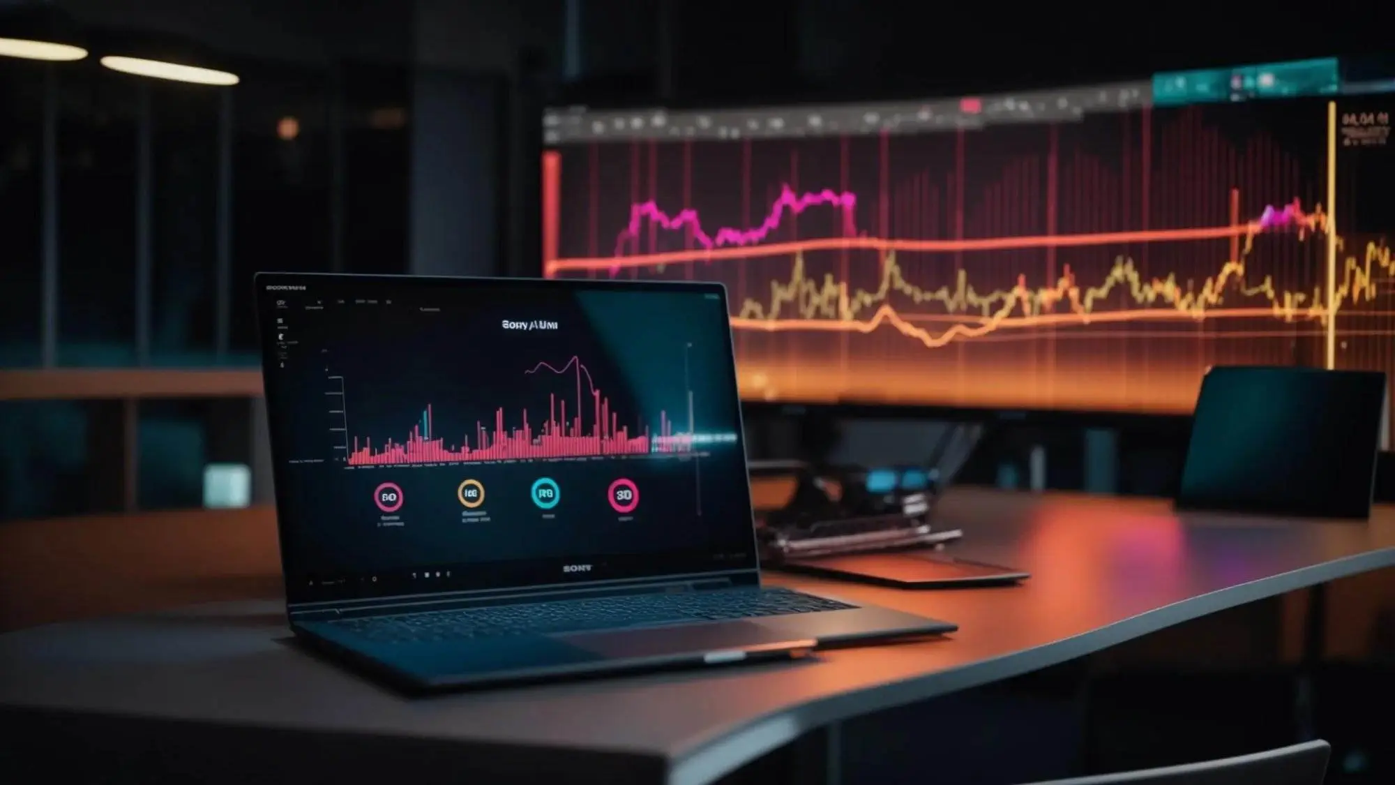 a dynamic, illuminated workspace showcases a sleek laptop displaying vibrant graphs and analytics, symbolizing the unlocking of a website's potential through an affordable seo report.
