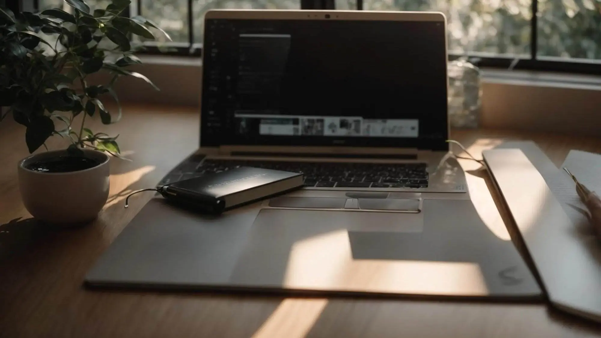 a serene workspace bathed in soft natural light, featuring an open notebook filled with elegantly crafted paragraphs, surrounded by a tranquil atmosphere that inspires clarity and creativity.