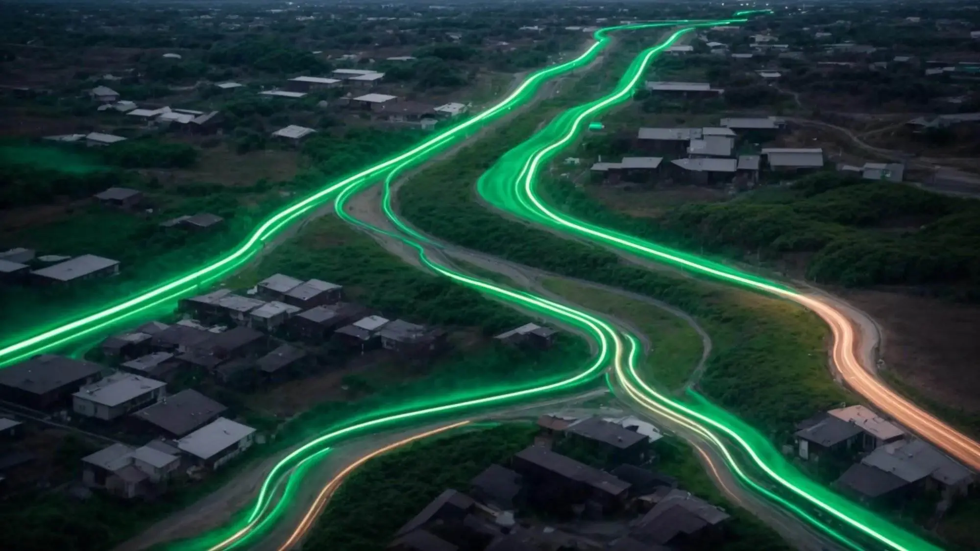 a striking visual of a digital landscape divided into two distinct paths, one illuminated with vibrant green signs representing