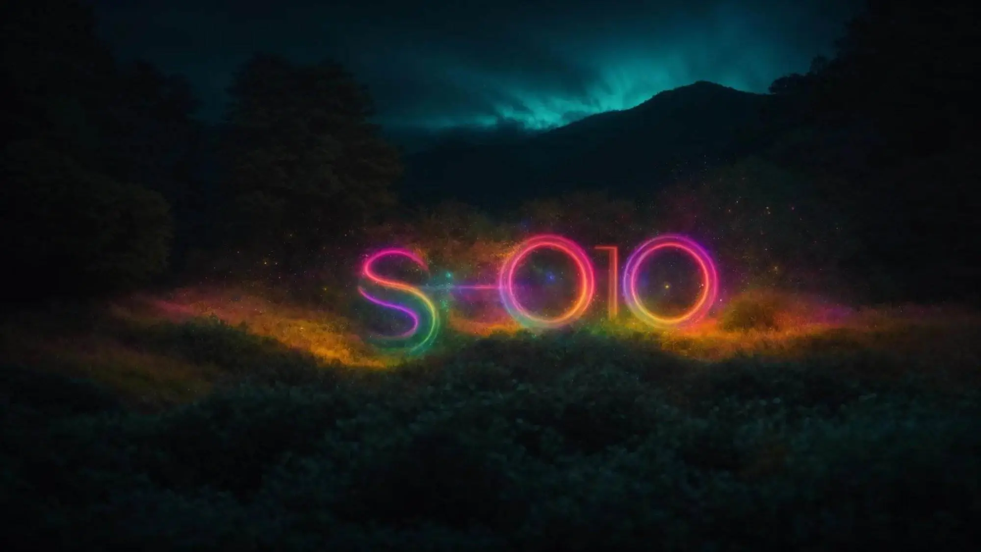 a vibrant digital landscape illustrating a magnified organic keyword cloud, glowing against a dark background, symbolizing the essence of seo strategy.