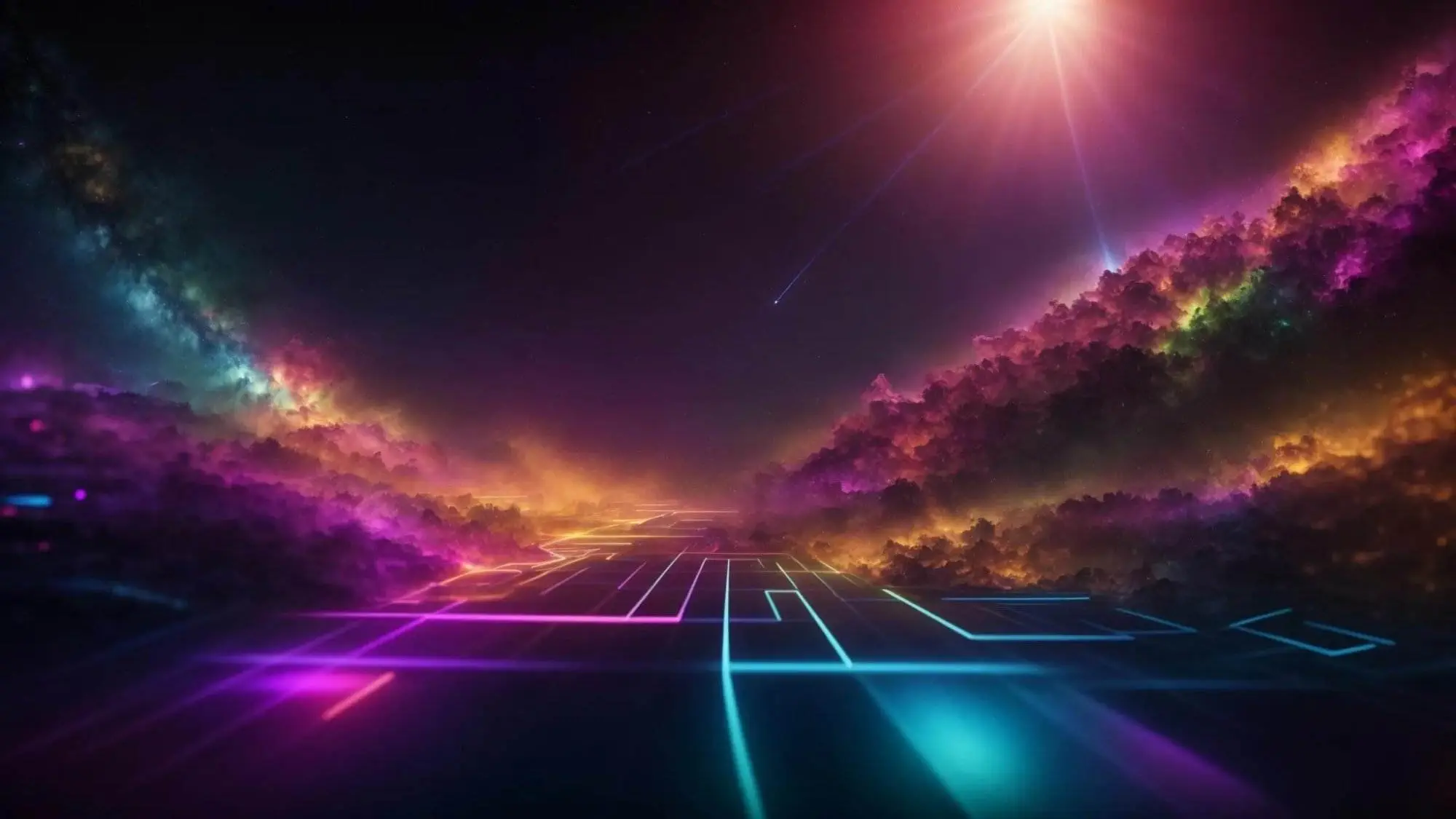 a vibrant digital landscape unfolds, showcasing an array of colorful, glowing keywords emerging from a dark background, symbolizing the discovery of powerful strategies within niche markets, illuminated by dynamic light bursts that convey innovation and insight.