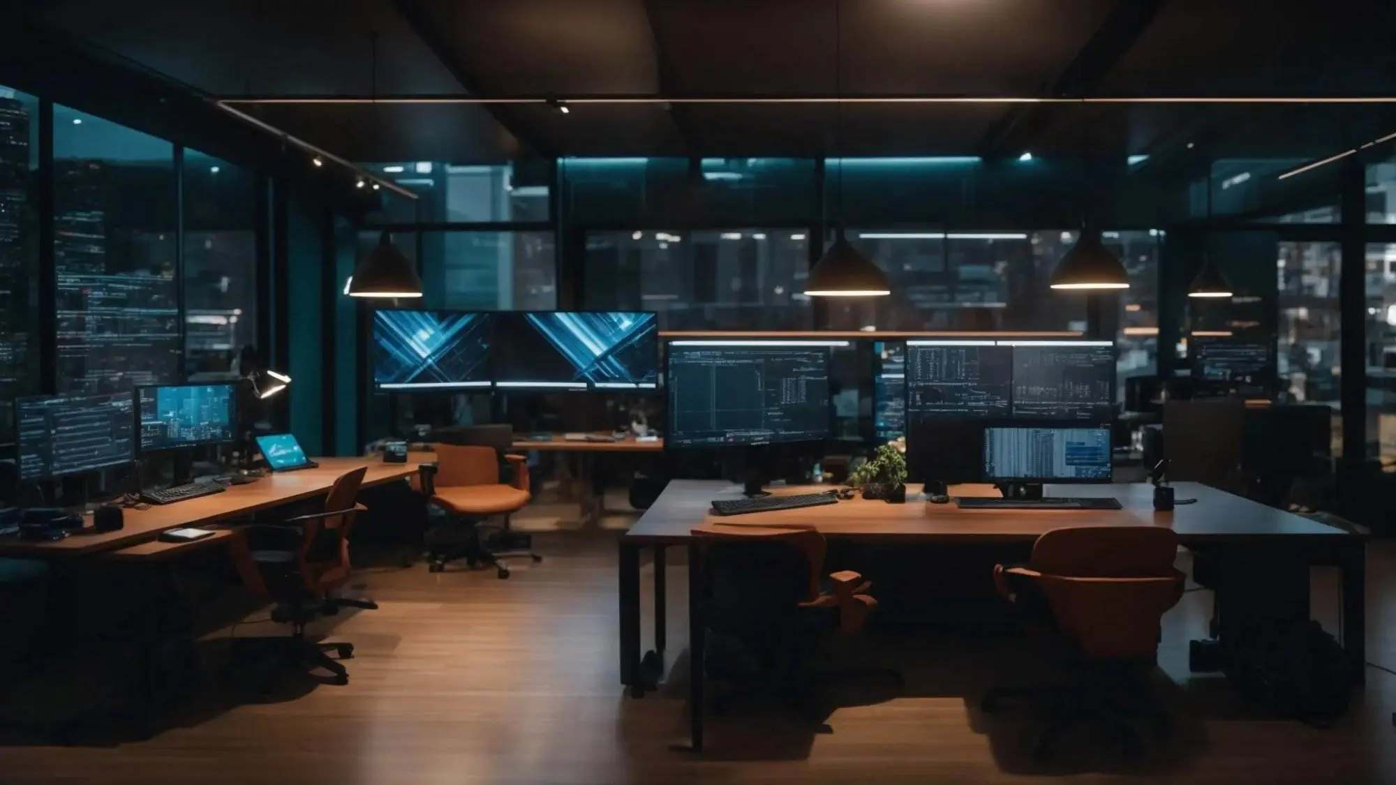 a vibrant, dynamic workspace brimming with brainstorming tools and digital screens, illustrating the energetic pursuit of mastering seo through a powerful cluster content strategy.