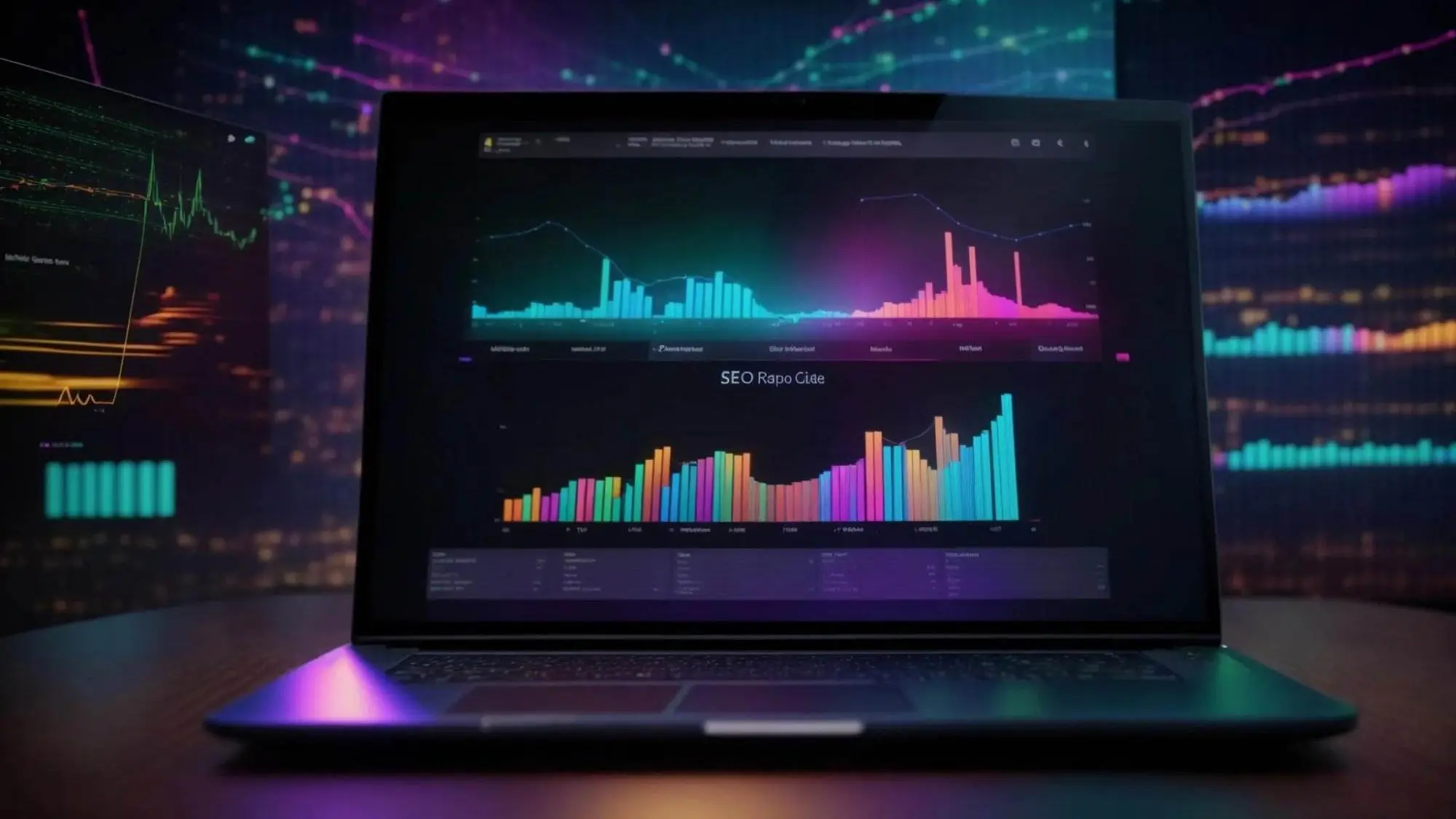 a vibrant, eye-catching graphic showcasing an open laptop displaying a colorful seo report, surrounded by glowing digital graphs and analytics, symbolizing the transformative power of affordable website optimization.
