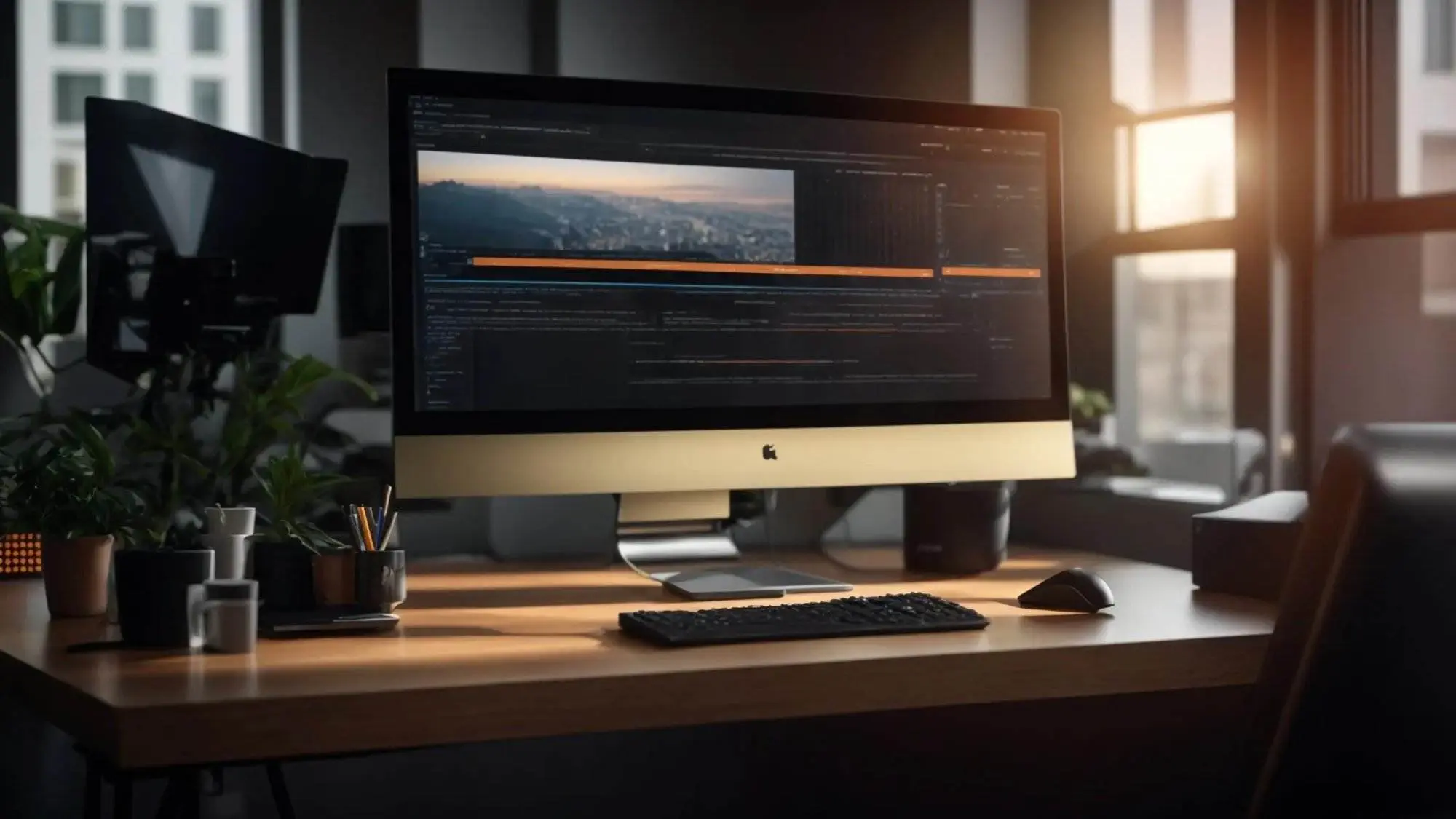 a vibrant, modern workspace with a sleek computer setup, illuminated by natural light, showcasing an open cms interface on the screen, symbolizing digital success and seo optimization.