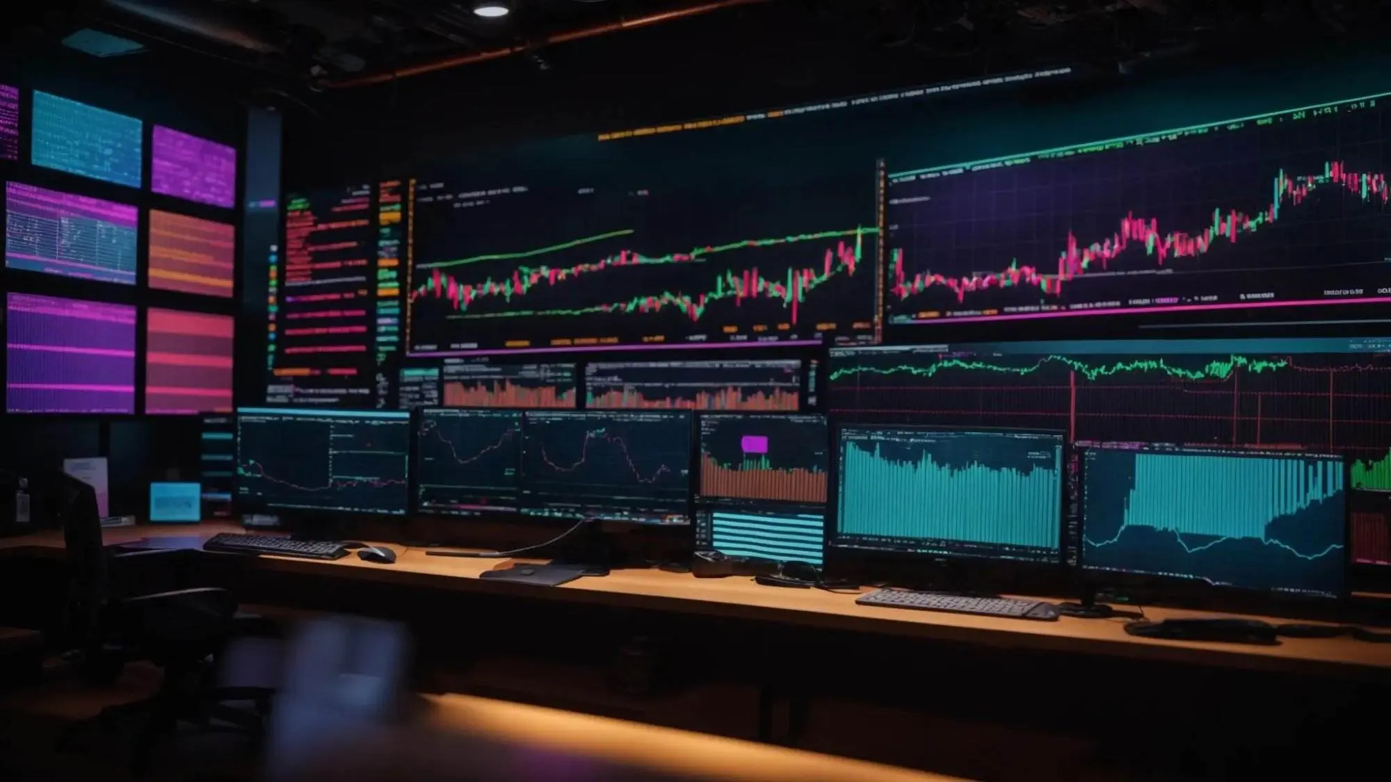a vibrant and engaging workspace filled with glowing screens and colorful graphs, symbolizing the dynamic world of seo strategy and focus keyphrases.