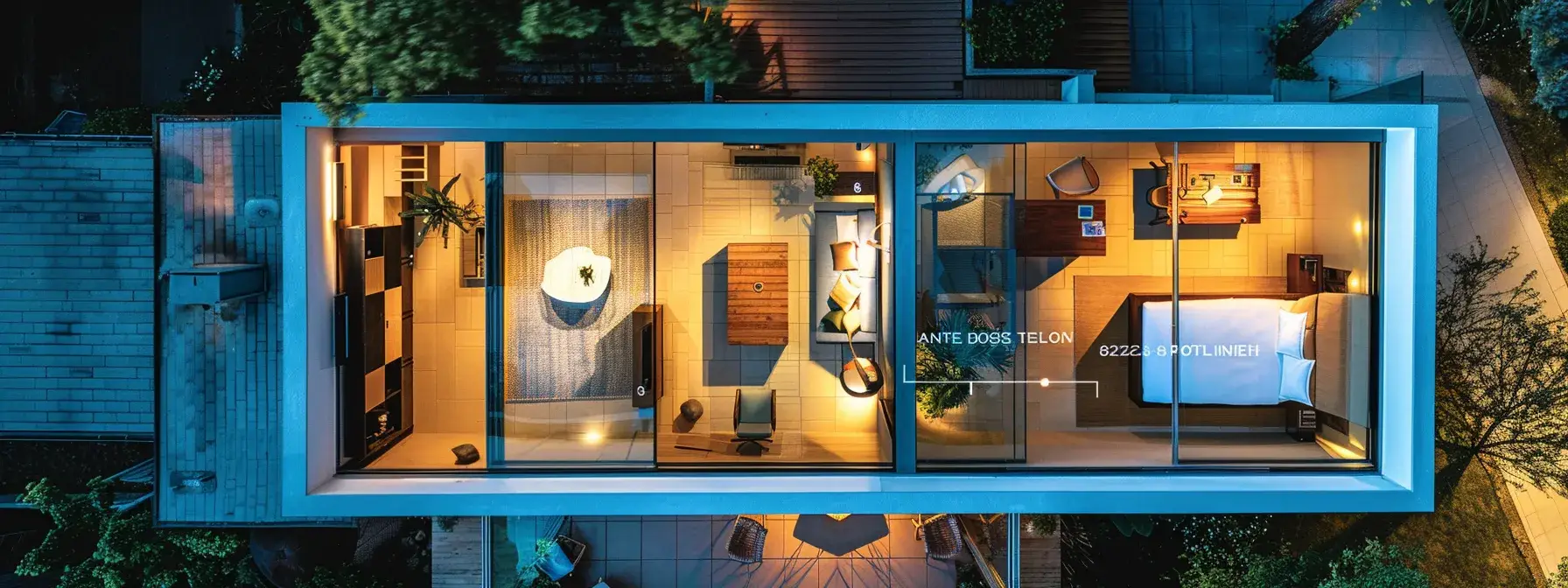 a captivating aerial view of a modern property, showcased with vibrant infographics and a seamless virtual tour overlay, illuminated by soft, golden hour lighting to emphasize its appeal and charm.