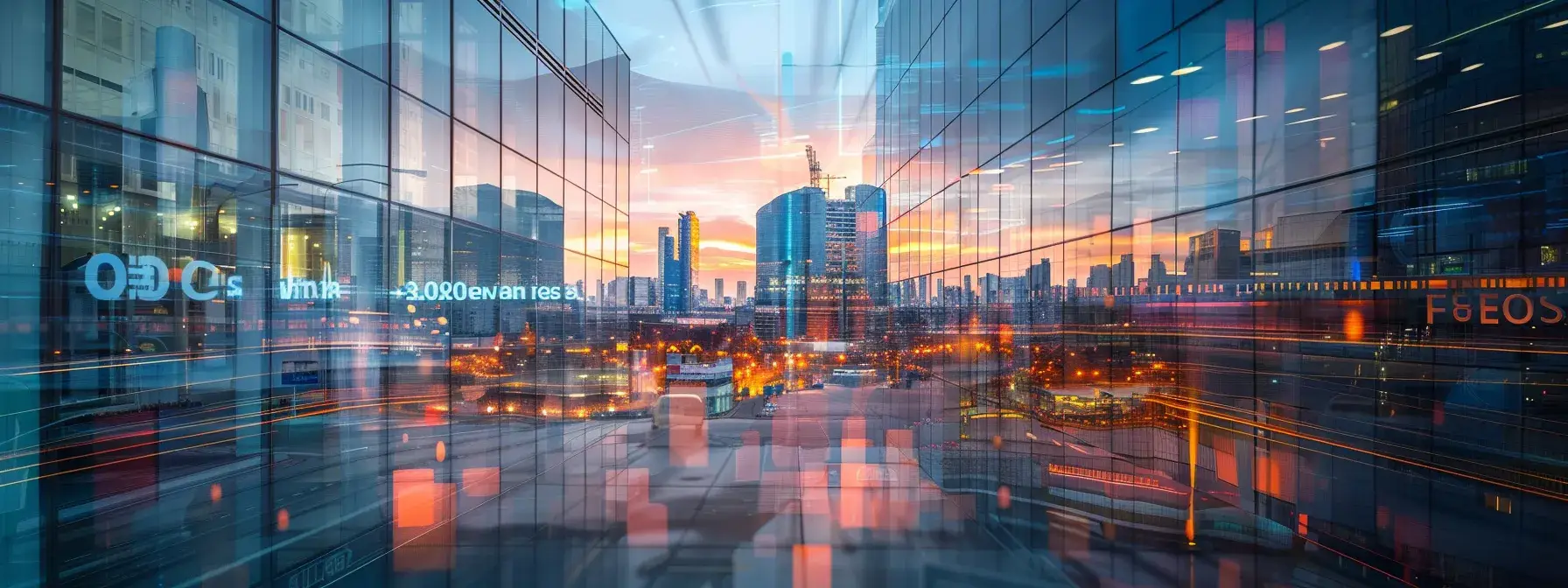 a dynamic urban landscape showcases a modern real estate office surrounded by digital overlays illustrating canonical tag issues and seo strategies, captured in vibrant twilight with glowing city lights reflecting off the glass facade.