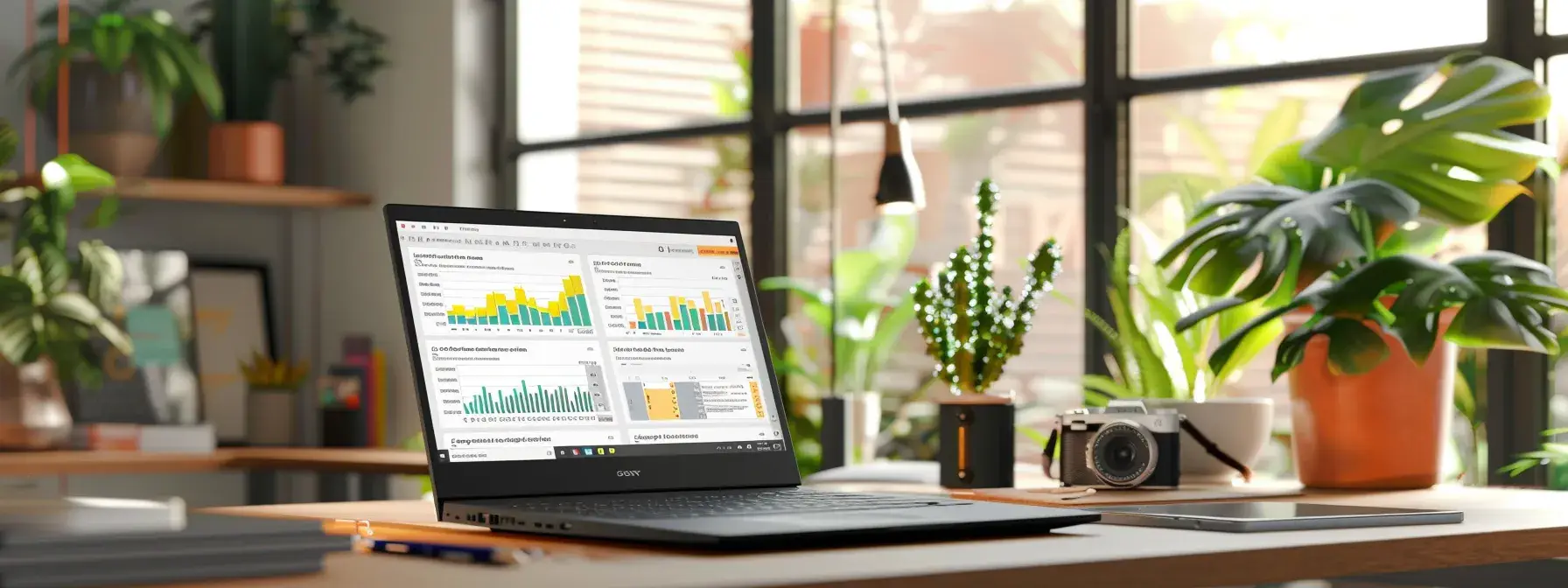 a meticulously arranged workspace, featuring a sleek laptop with an open seo analytics dashboard, surrounded by vibrant potted plants and strategically placed stationery, bathed in warm, inviting light that highlights the essence of productivity and clarity in digital marketing.