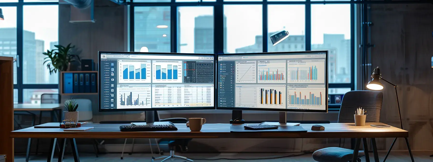 a sleek and modern office workspace featuring dual monitors displaying detailed analytics dashboards for managing canonical tags, illuminated by soft natural light filtering through large windows, emphasizing clarity and organization in real estate digital management.