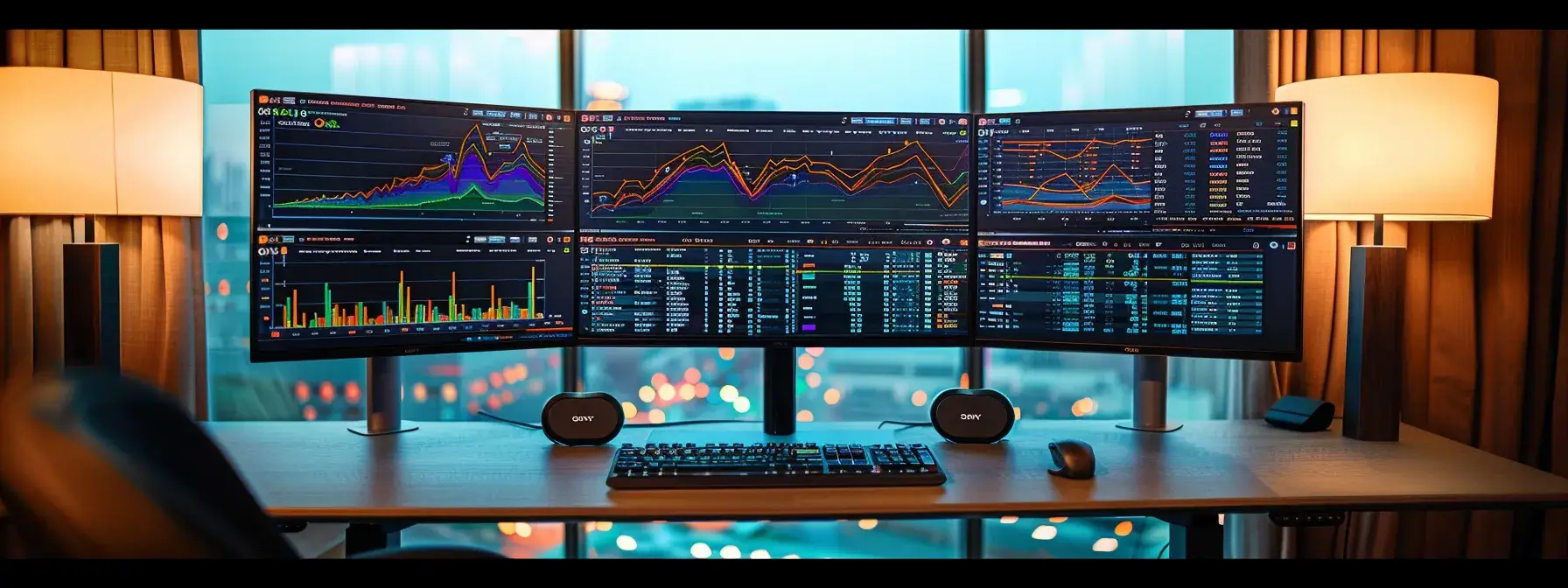 a sleek computer monitor displays an intricate dashboard of real estate seo analytics, showcasing vivid graphs and canonical tag implementations against a modern office backdrop illuminated by soft, natural light.