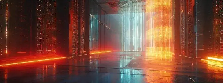 a sleek, futuristic digital landscape showcasing a towering, illuminated server room with data streams flowing rapidly, symbolizing the critical use of a robots.txt file in web management.