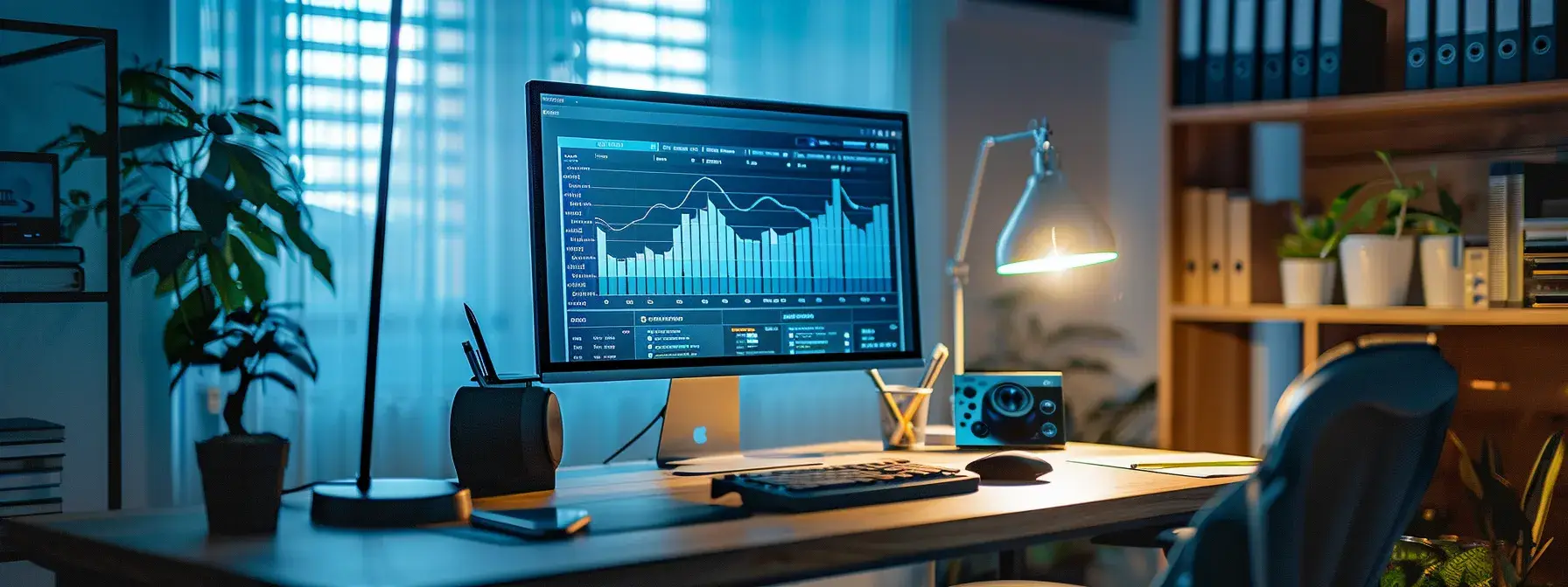 a sleek, modern workspace featuring a high-resolution monitor displaying dynamic site speed analytics, illuminated by soft overhead lighting that highlights the importance of digital performance optimization for a real estate website.