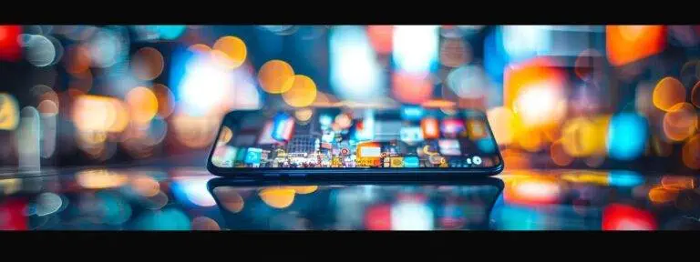 a sleek smartphone displays a vibrant website optimized for mobile viewing, surrounded by a soft-focus background of blurred digital icons representing the bustling world of online content.
