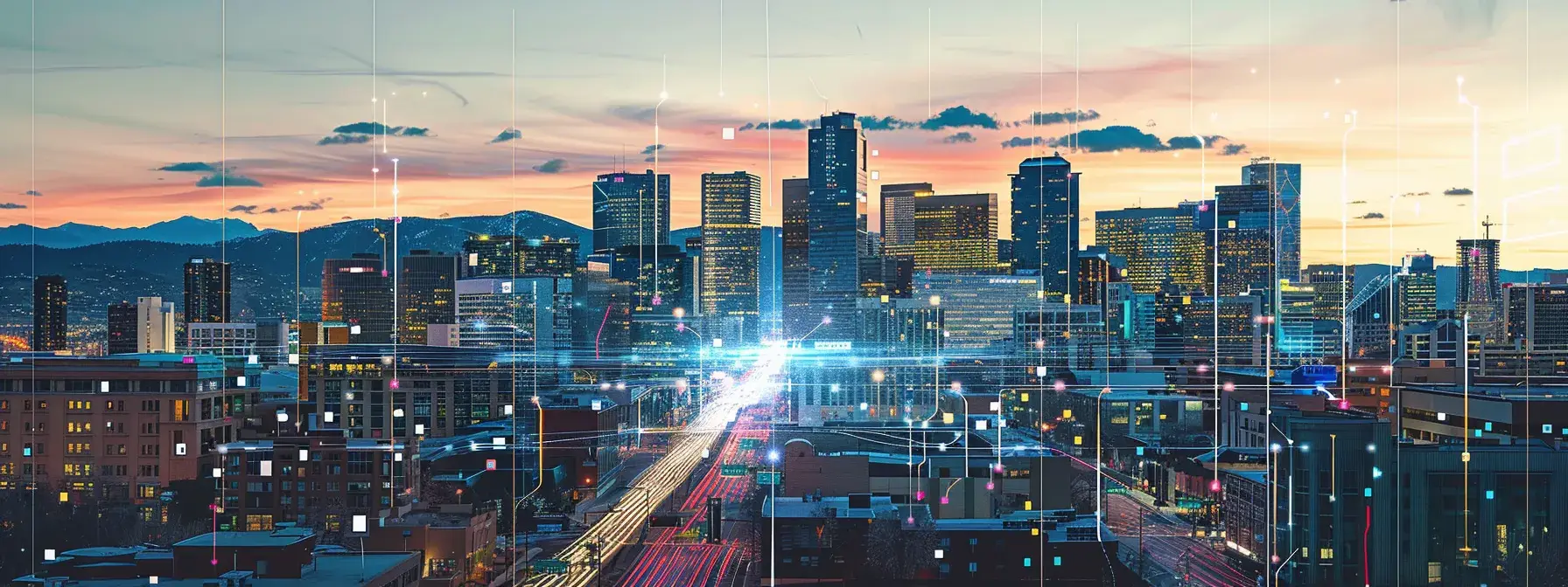 a vibrant cityscape at dusk reveals the hustle and bustle of real estate agents directing traffic towards their fast-loading websites, illuminated by glowing screens showcasing impressive metrics of site speed optimization.