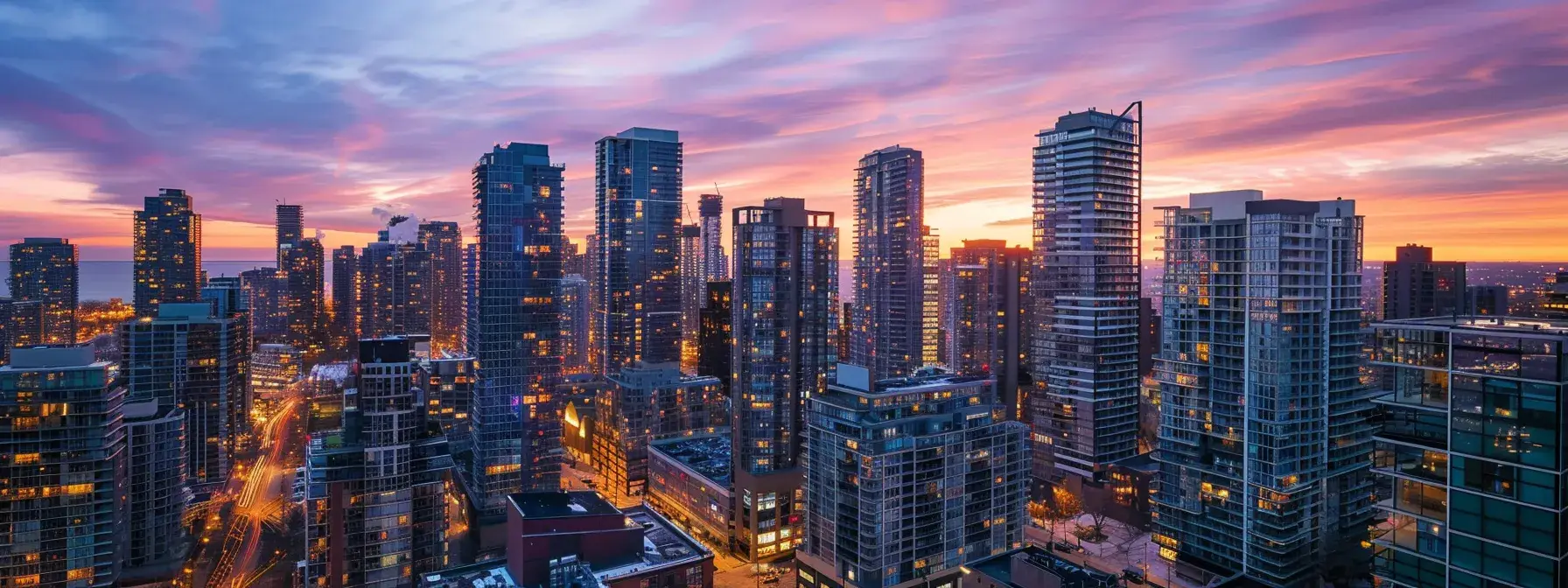 a vibrant cityscape at dusk showcases a diverse array of modern real estate buildings, illuminated by city lights, symbolizing the enhanced online visibility and community trust gained through realtor directories.