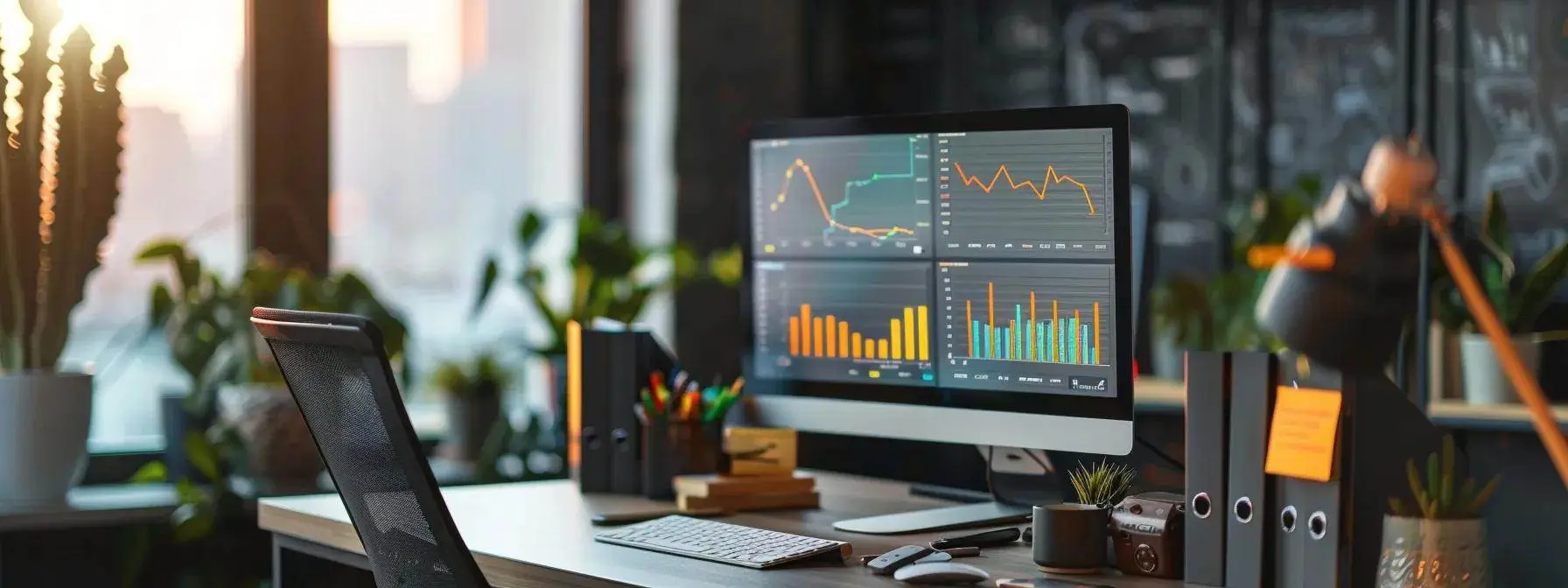 a vibrant digital workspace filled with monitors displaying dynamic seo analytics, showing trends and data graphs, illuminated by soft ambient lighting that emphasizes a modern, tech-savvy environment.