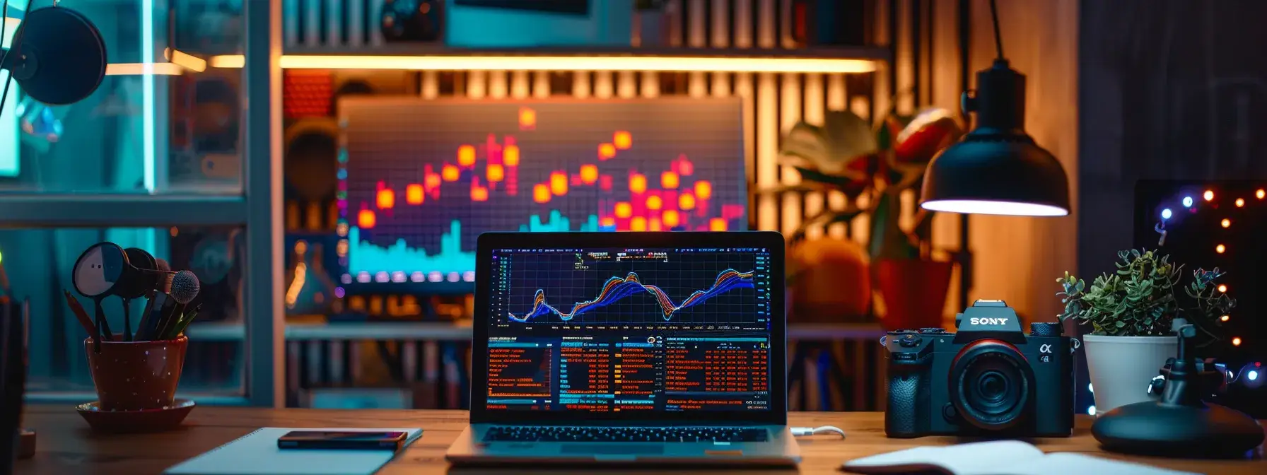a vibrant, modern workspace featuring a sleek laptop displaying analytics graphs, surrounded by notes and charts that illustrate strategic backlink performance analysis in a bright, inspiring atmosphere.