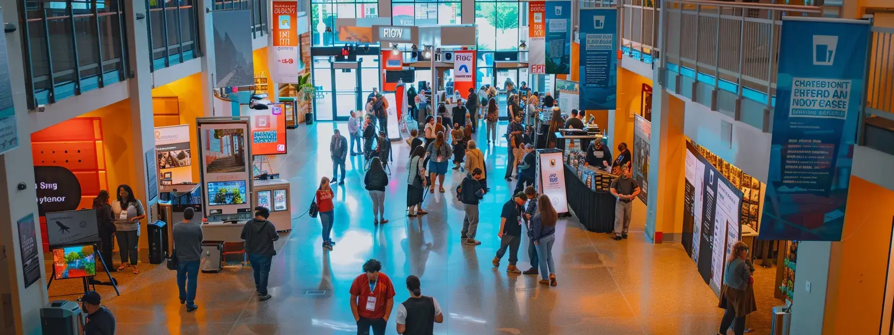 a vibrant networking event unfolds in a bustling community center, where real estate professionals passionately engage with directory owners, surrounded by colorful banners and digital displays promoting their collaborative efforts.