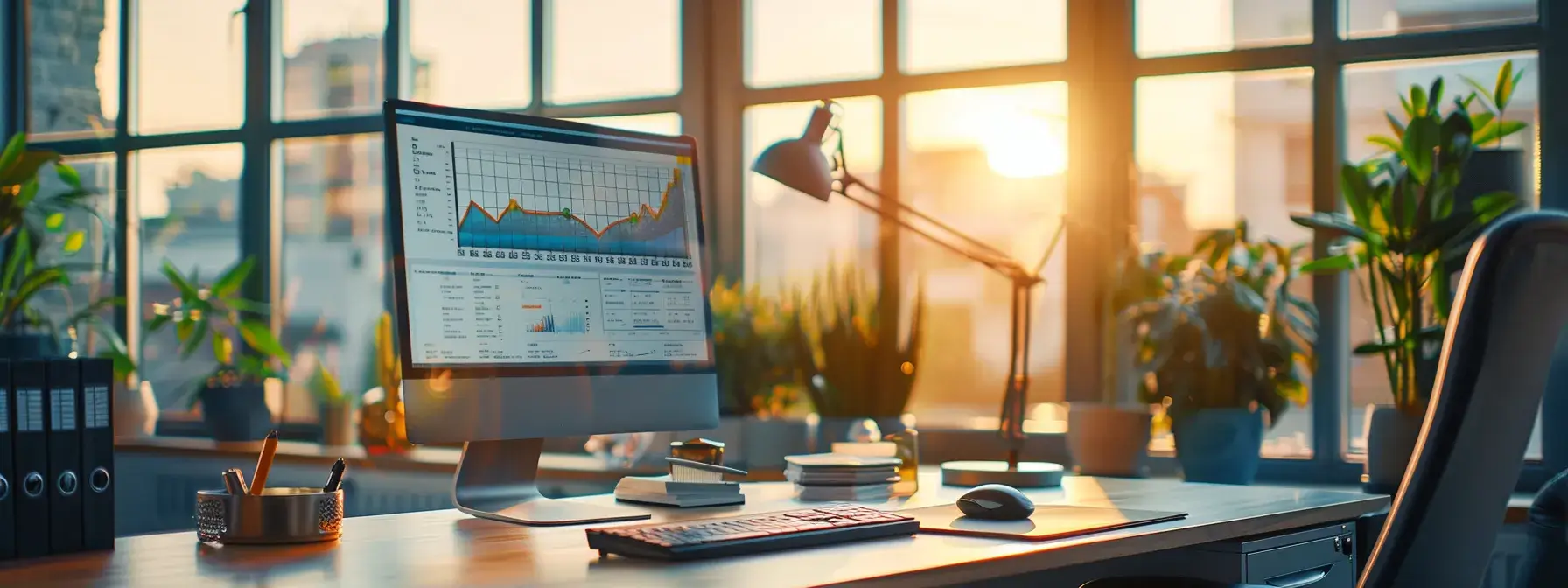 a vibrant real estate office setup showcases a sleek computer screen displaying engaging property metrics and charts, illuminated by warm, natural light filtering through large windows, symbolizing a data-driven approach to enhancing buyer engagement.