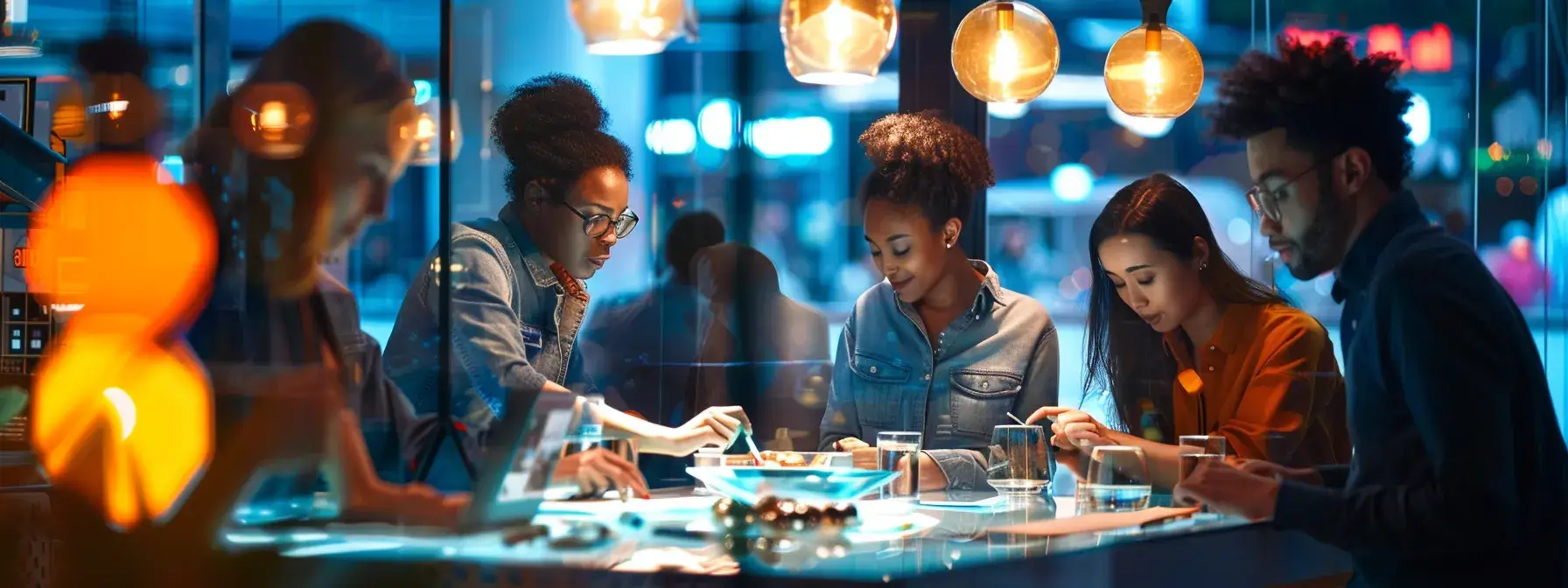 a vibrant urban scene showcases a diverse group of engaged individuals collaborating around a sleek digital display, immersed in crafting compelling property descriptions, illuminated by soft, focused lighting that highlights their innovative spirit.