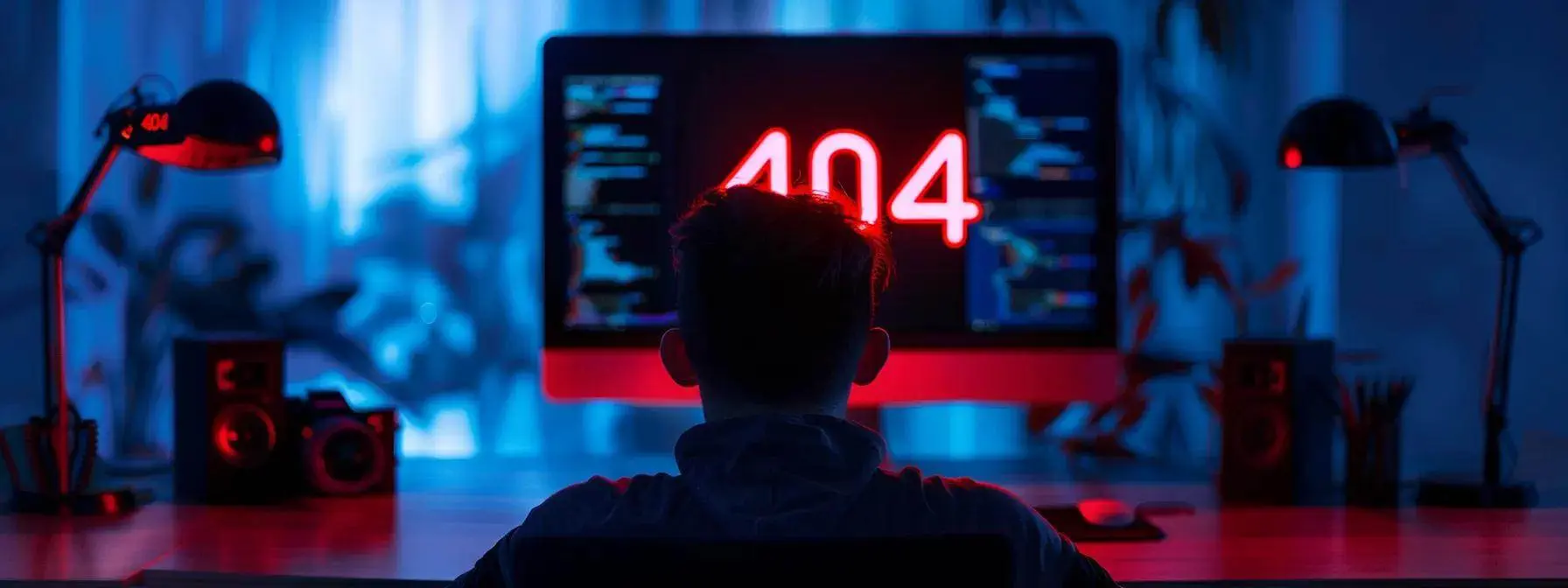 a visually striking scene of a frustrated user staring at a computer screen displaying a glaring