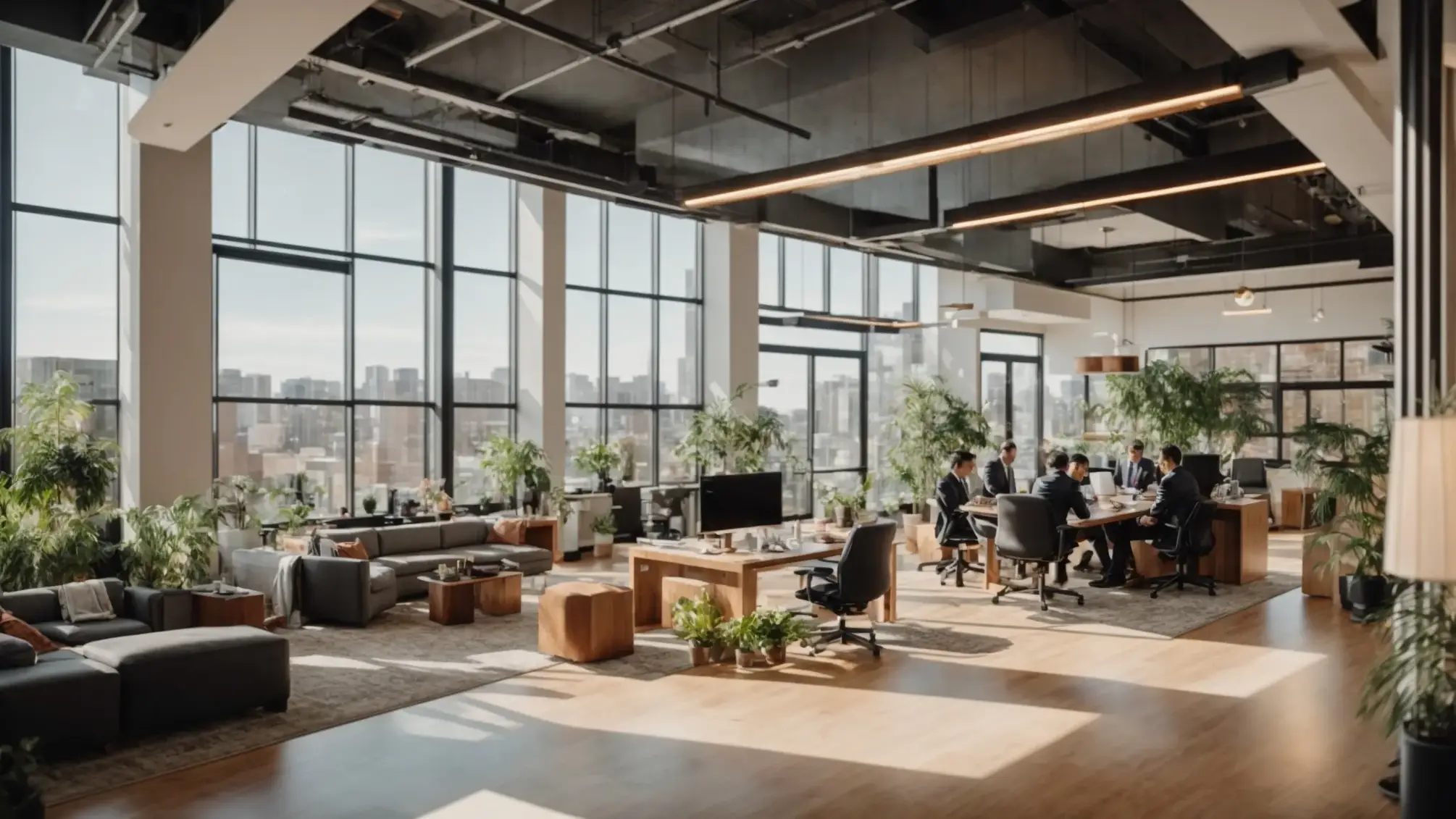 a captivating high-angle shot of a vibrant real estate office bustling with activity, showcasing engaged professionals discussing strategies, surrounded by eye-catching property listings and modern decor, bathed in warm, inviting natural light.