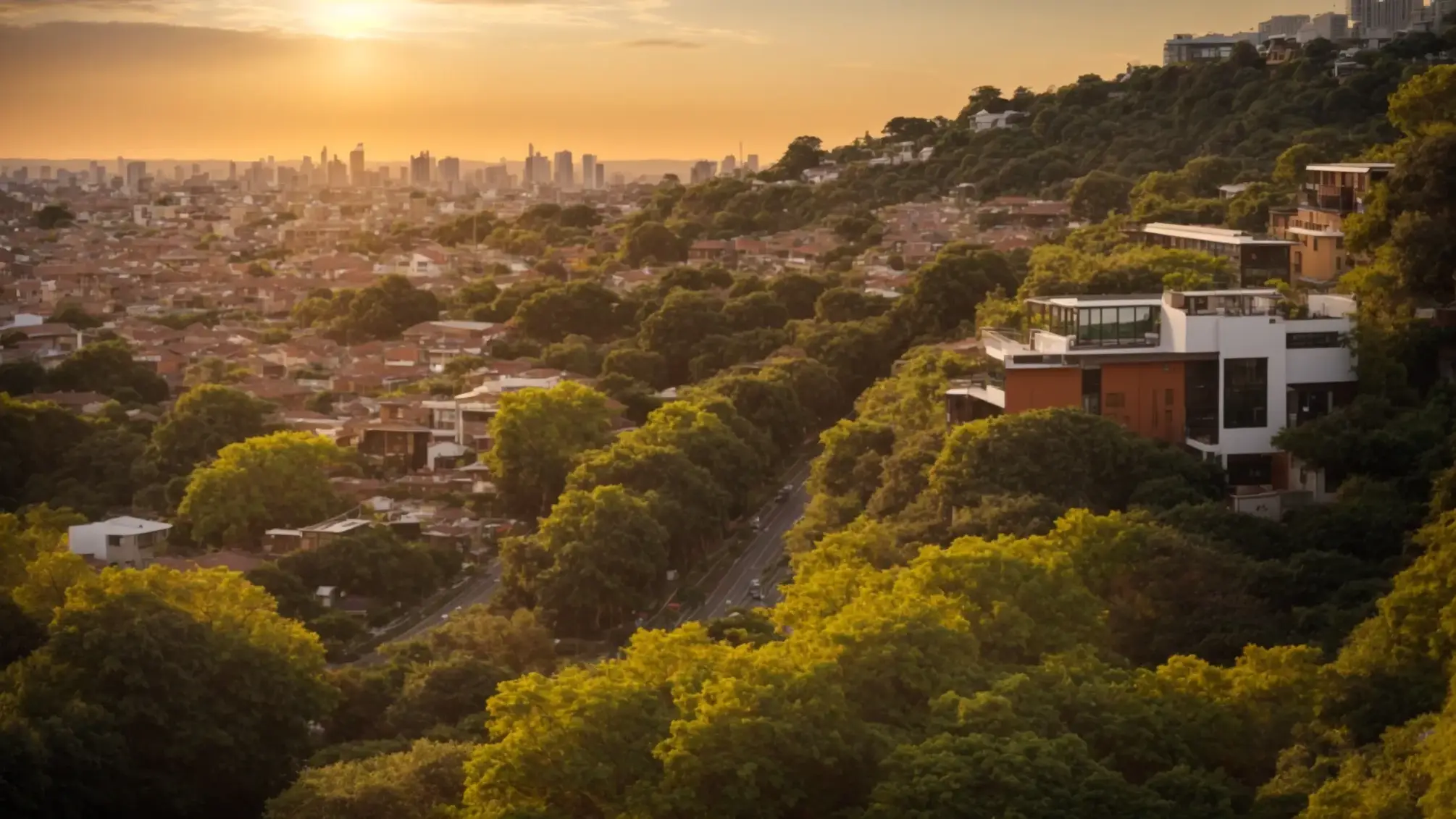 a captivating landscape showcases a vibrant city skyline at sunset, symbolizing the enduring potential of real estate investment with lush greenery in the foreground, bathed in warm golden light.
