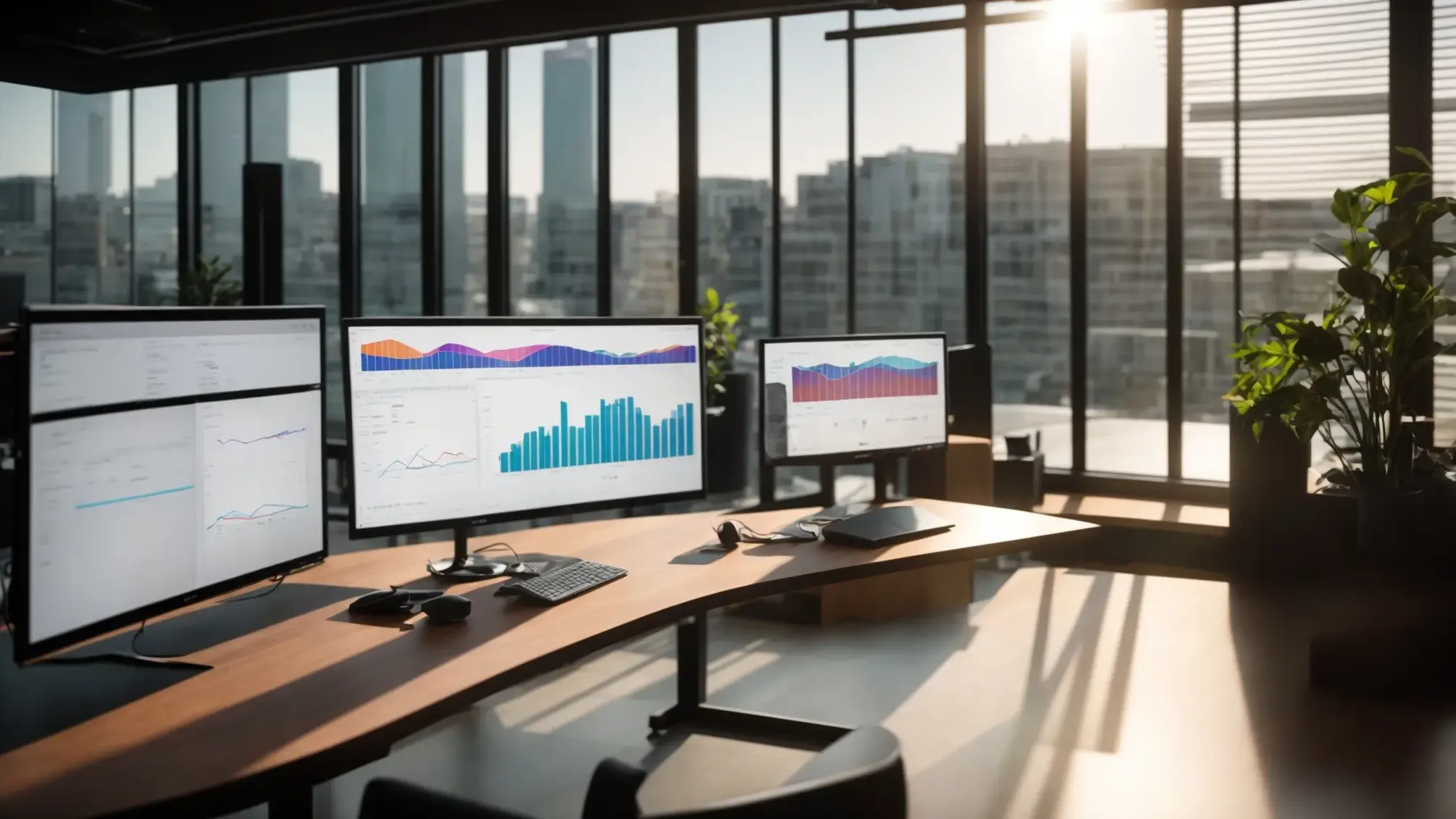 a dynamic workspace filled with vibrant charts and graphs illustrating a keyword gap analysis, illuminated by warm natural light streaming through large windows, evoking a sense of strategic insight and marketing success.