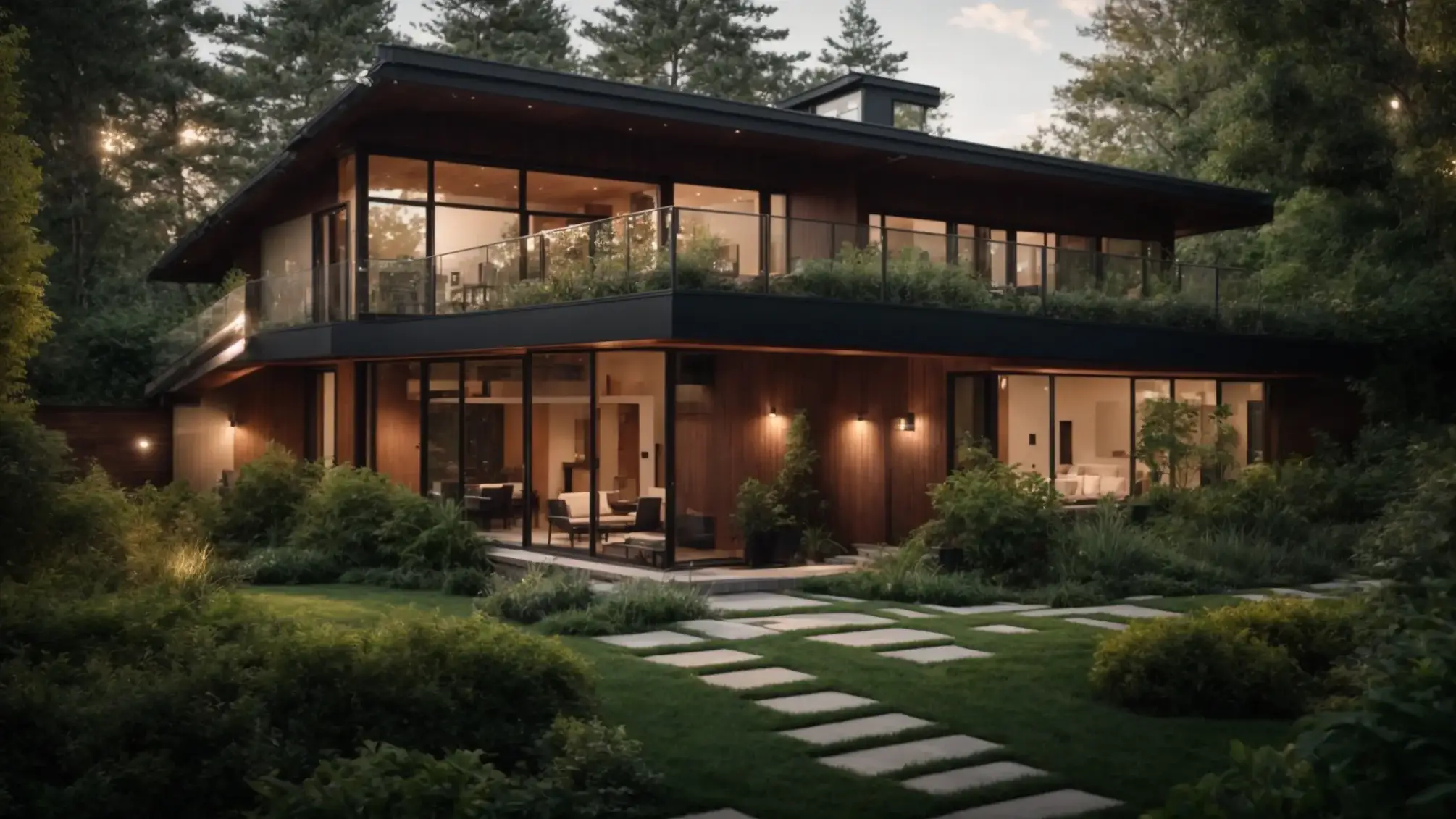 a lush, serene landscape featuring a modern, sustainable home surrounded by vibrant greenery, symbolizing the timeless appeal and lasting impact of evergreen real estate content.