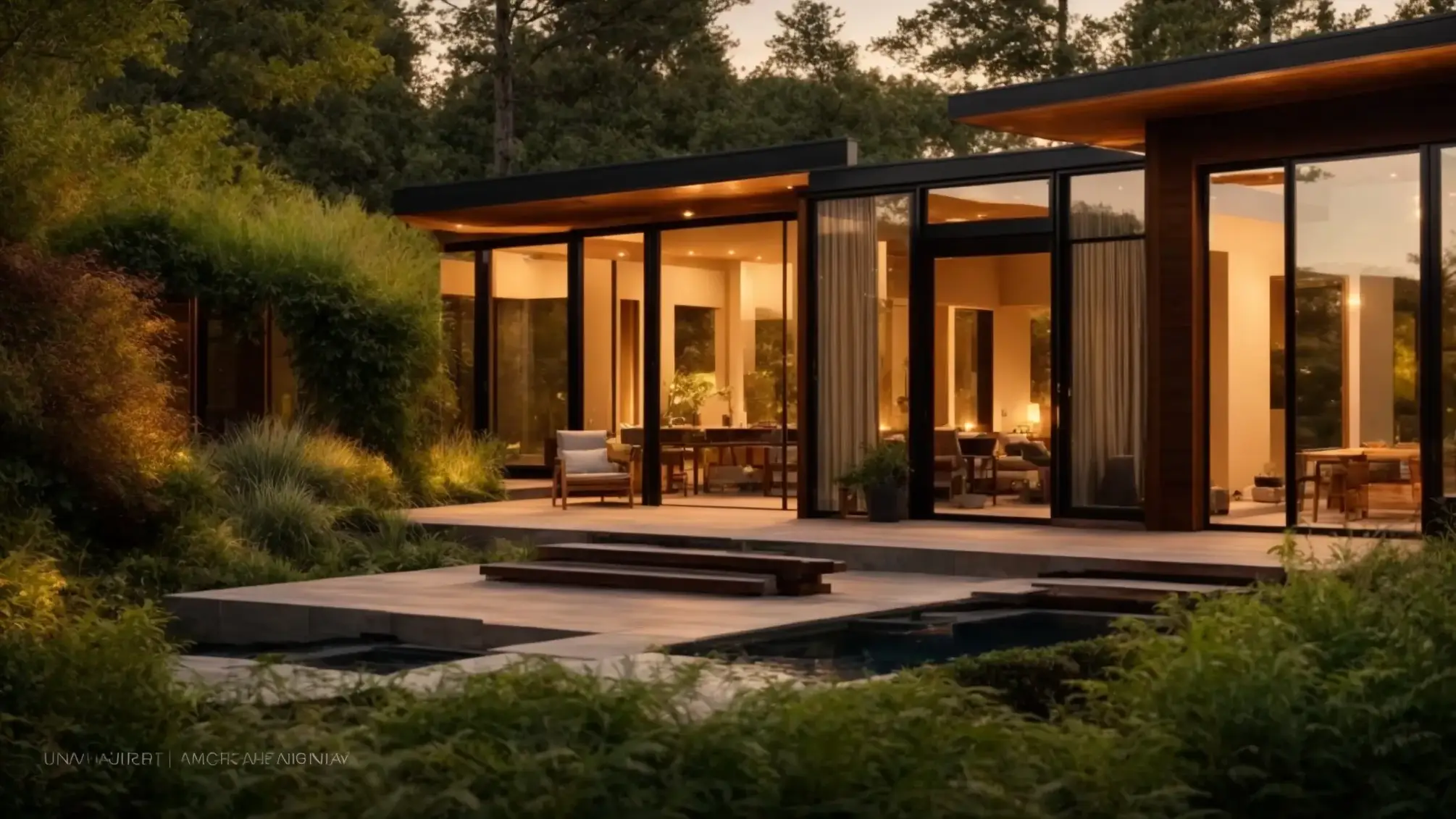 a lush, verdant landscape showcases a stunning, modern home seamlessly blending into its surroundings, illuminated by the warm glow of the golden hour, symbolizing the lasting impact of evergreen real estate content.