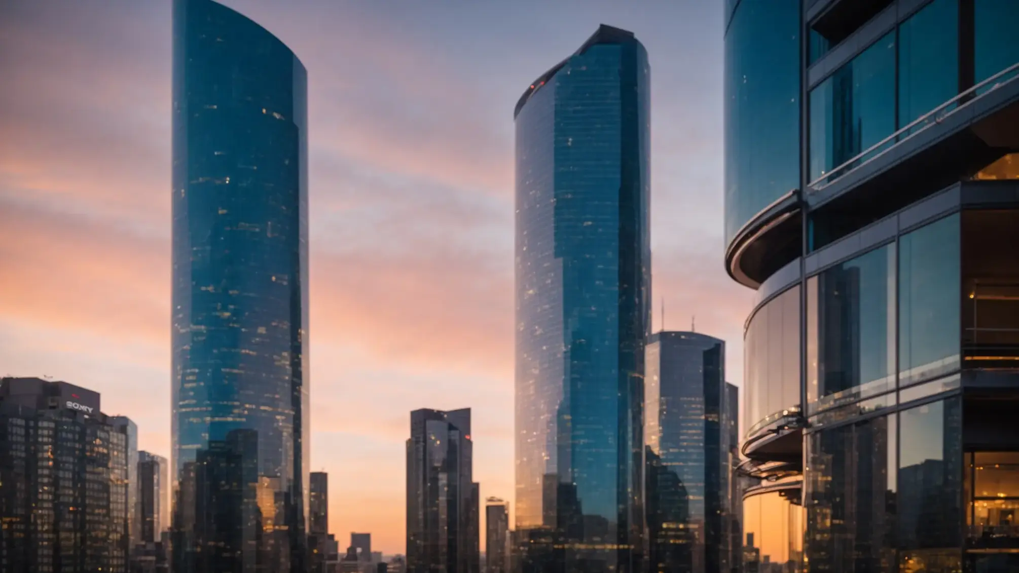 a panoramic view of a modern skyline at sunset, showcasing vibrant reflections on glass-clad high-rises, symbolizing the dynamic world of real estate insights and trends.