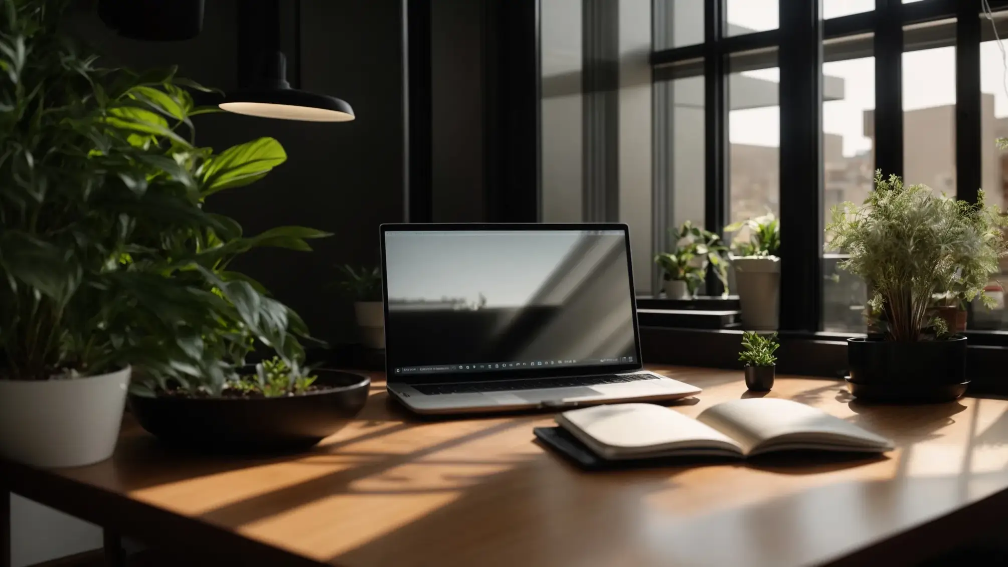 a serene, sunlit office space featuring a well-organized desk adorned with a sleek laptop and a potted plant, symbolizing the focus and clarity needed for achieving nap consistency in real estate success.