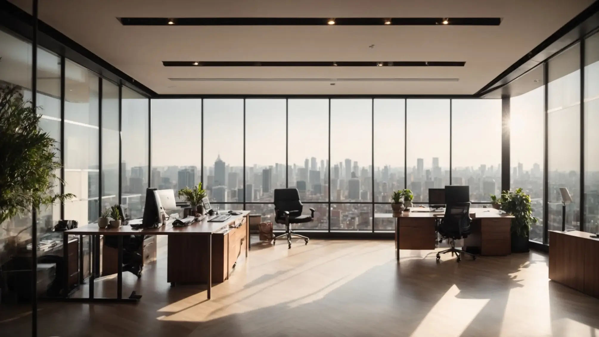 a serene, sunlit office space showcases a neatly arranged desk with a luxurious view of a bustling city, symbolizing the mastery of balance and consistency in real estate success.