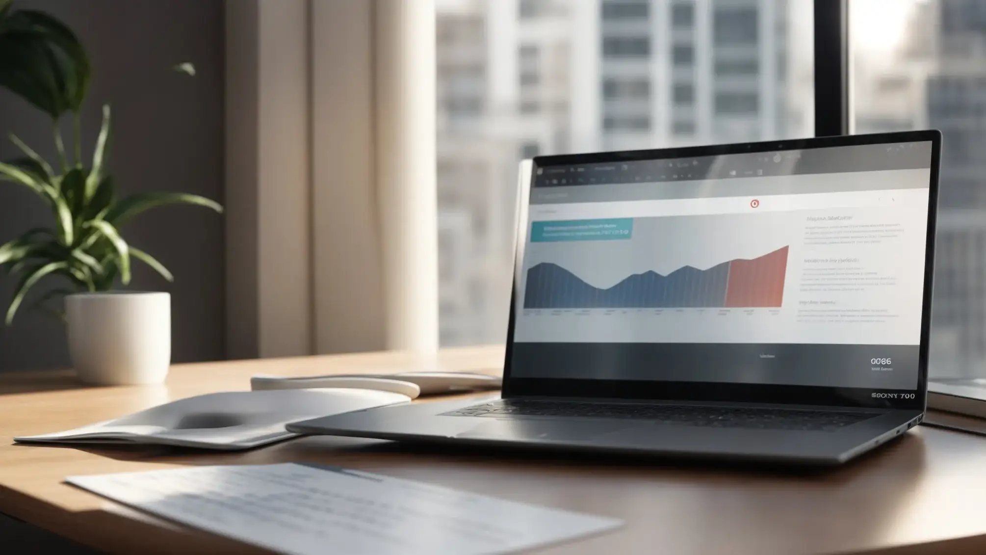 a sleek, modern laptop sits atop a polished desk, illuminated by soft, natural light filtering through a nearby window, with an engaging infographic showcasing real estate seo strategies displayed prominently on the screen.