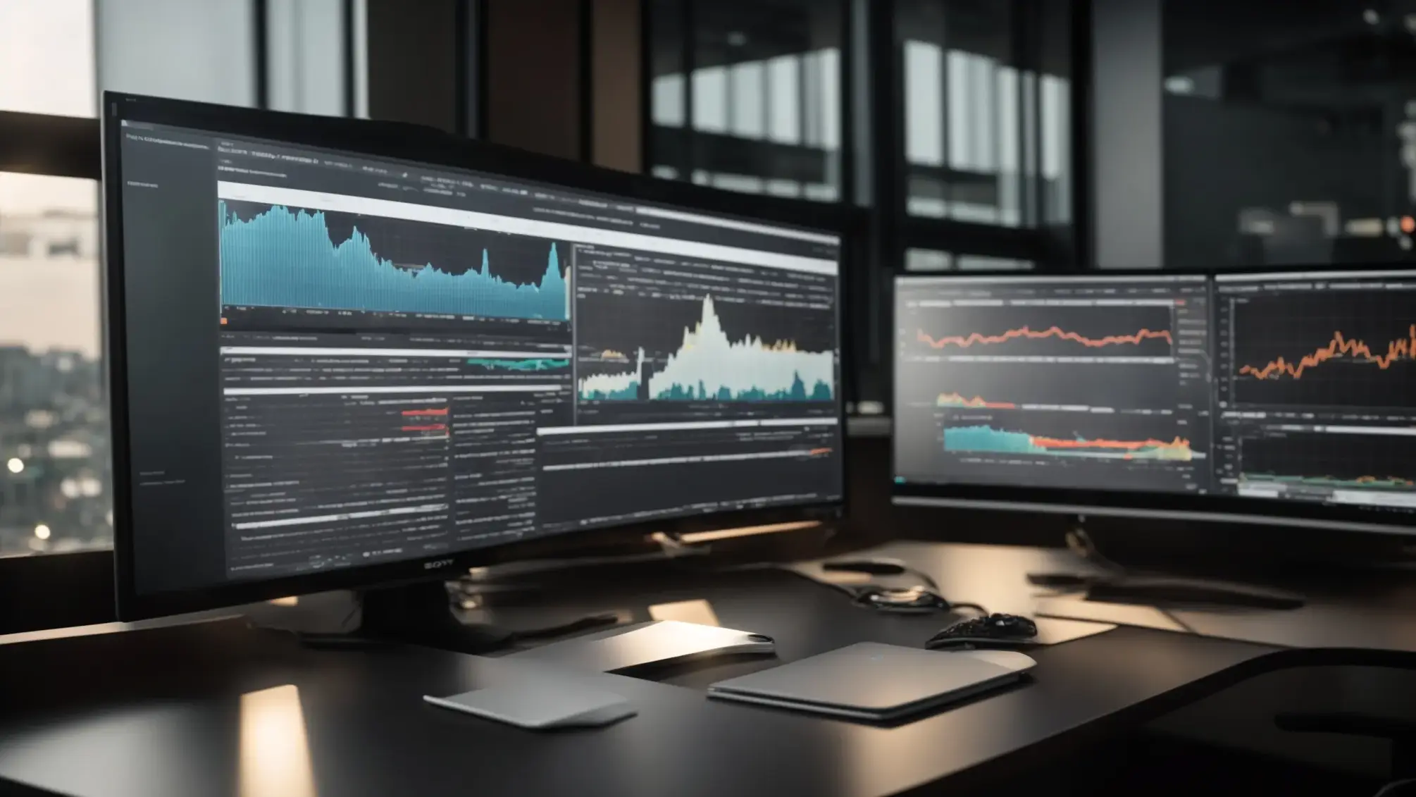 a sleek, modern workspace is illuminated by natural light, featuring a large monitor displaying dynamic seo analytics graphs and charts that reflect performance tracking and digital strategy.