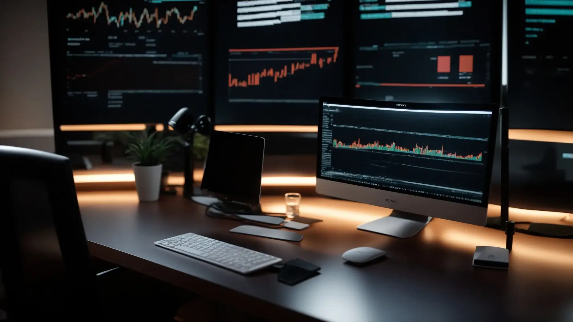 a sleek, modern workspace with a glowing computer screen displaying analytical graphs and seo metrics, bathed in soft, warm lighting that emphasizes productivity and focus.