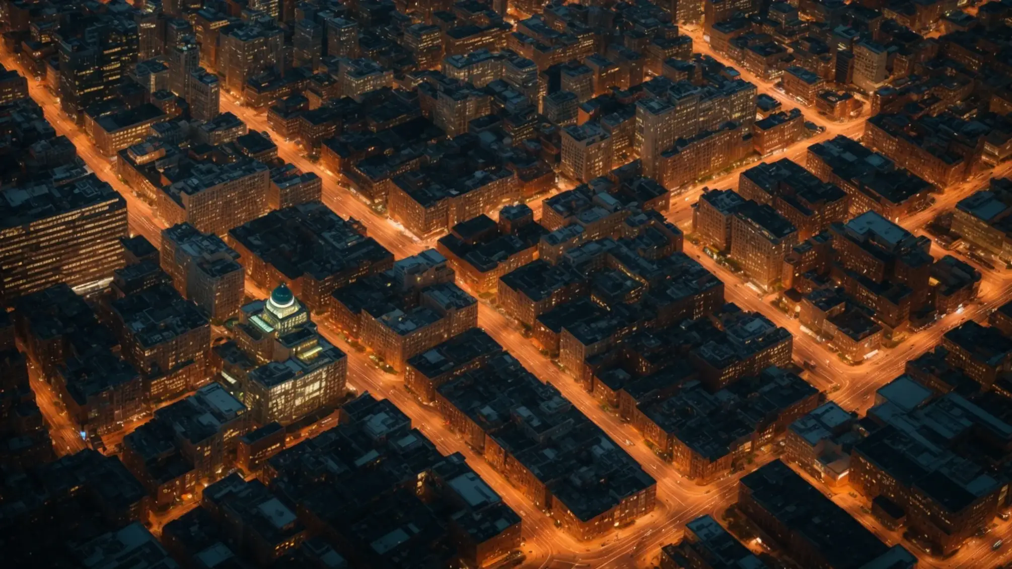 a striking overhead view of a bustling cityscape, with interconnected routes and vibrant buildings symbolizing the intricate web of internal linking strategies essential for real estate success, illuminated by golden hour light.