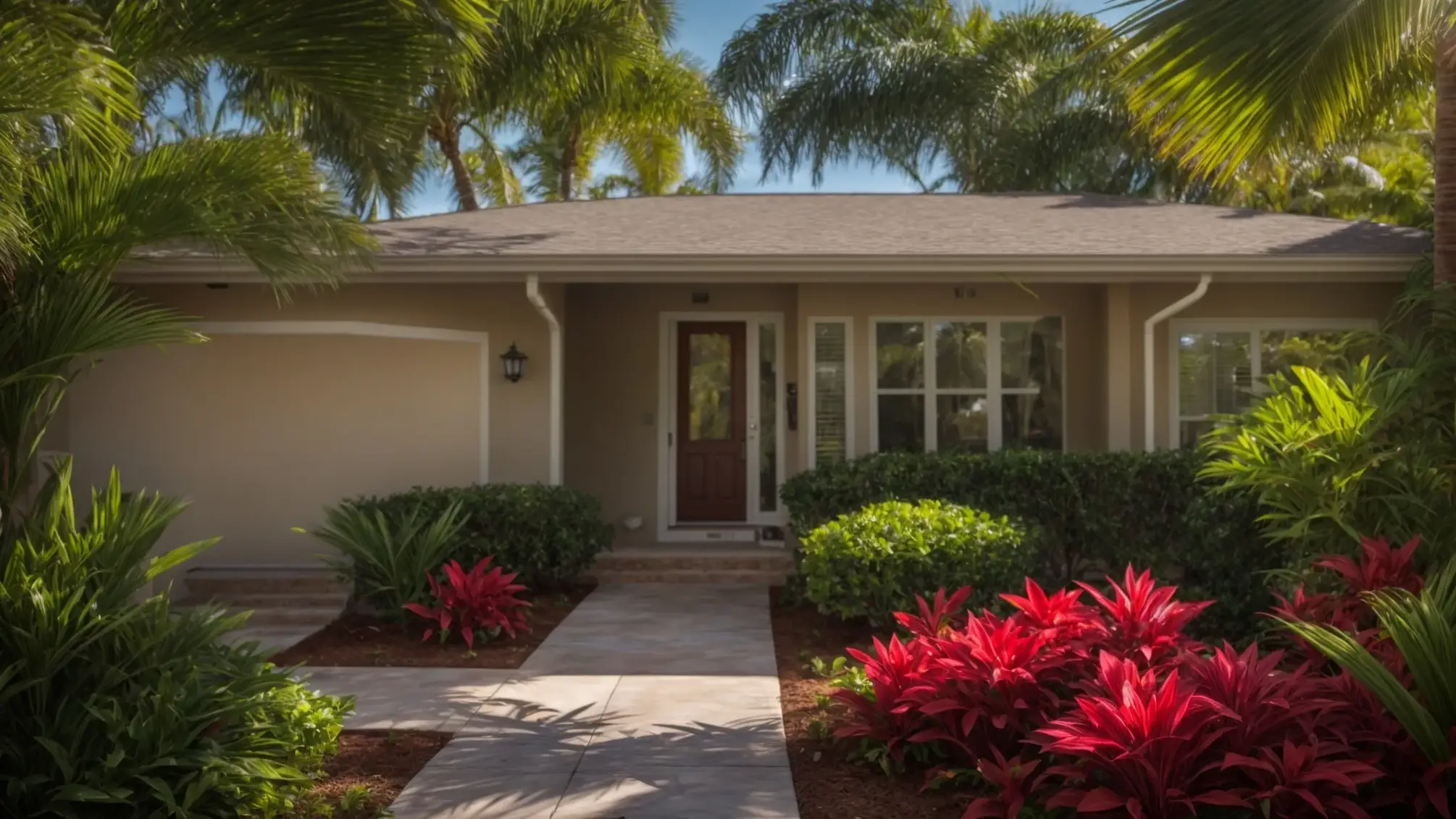 a sunlit florida home with vibrant tropical landscaping and a welcoming