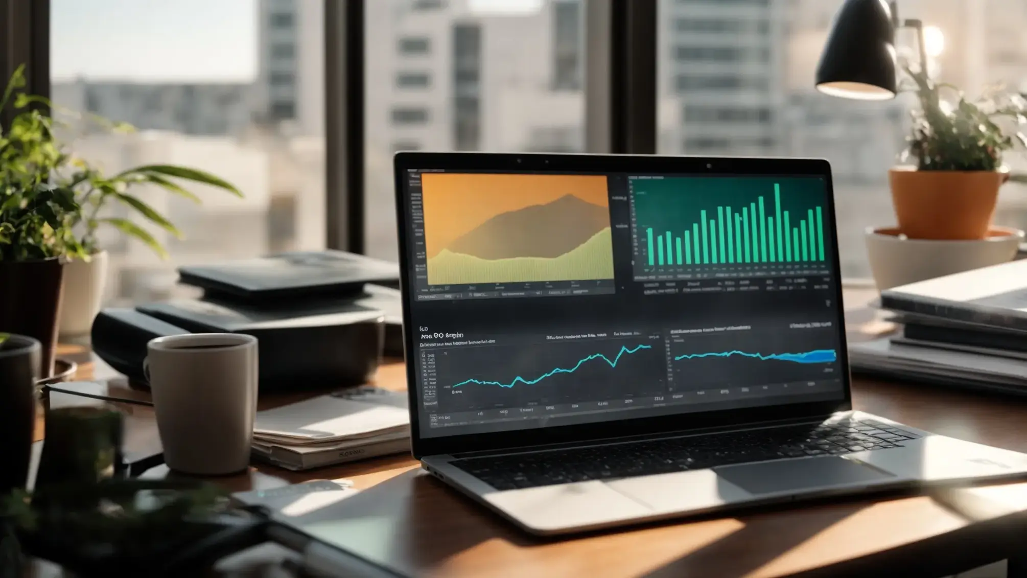 a vibrant and dynamic workspace filled with charts and graphs illustrating seo performance metrics, illuminated by soft, natural sunlight streaming through a nearby window.