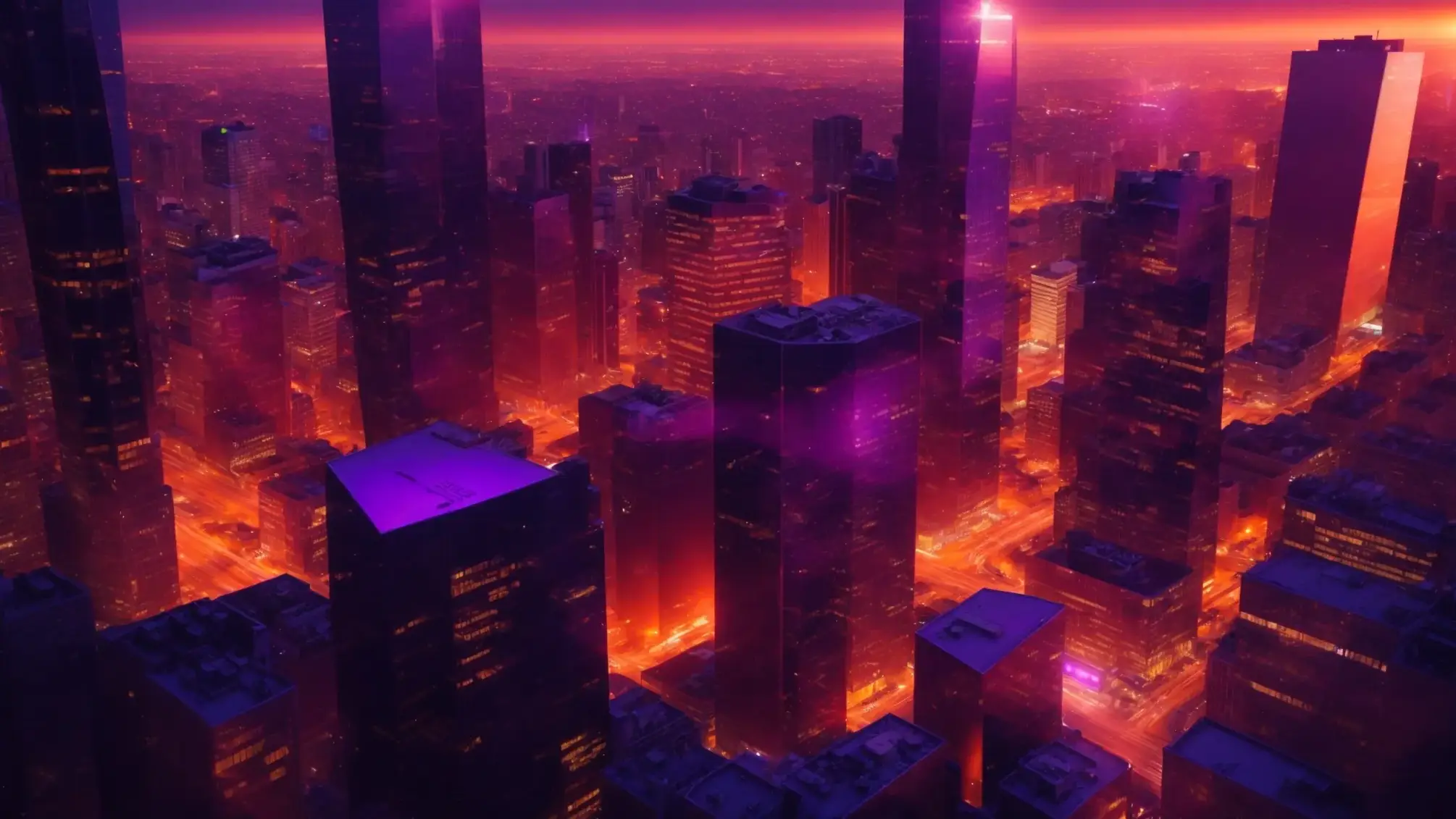 a vibrant city skyline at sunset, with sleek modern buildings reflecting a kaleidoscope of fiery orange and deep purple hues, symbolizing growth and opportunity in the real estate market.