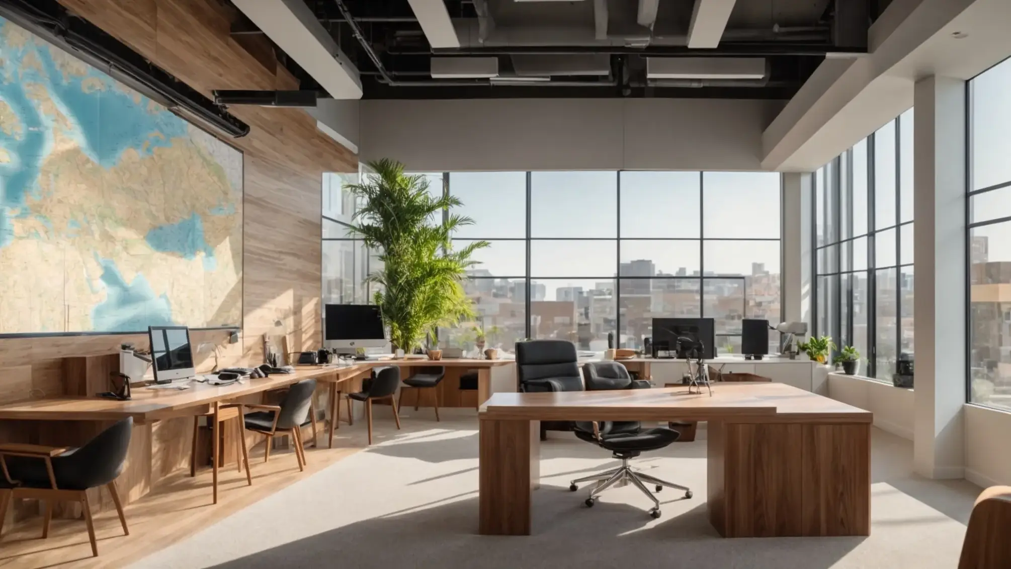 a vibrant real estate office illuminated by natural light, showcasing a large map on the wall highlighting various properties, symbolizing the power of seo in enhancing visibility for location pages.
