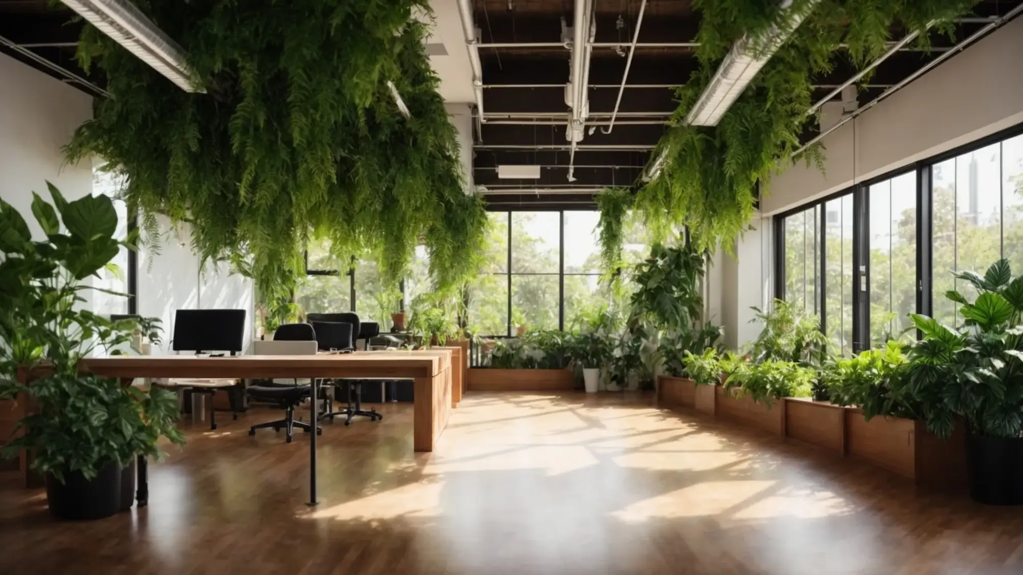 a vibrant, sunlit office space filled with lush green plants and inviting decor, symbolizing a thriving real estate environment bursting with potential and innovative ideas.