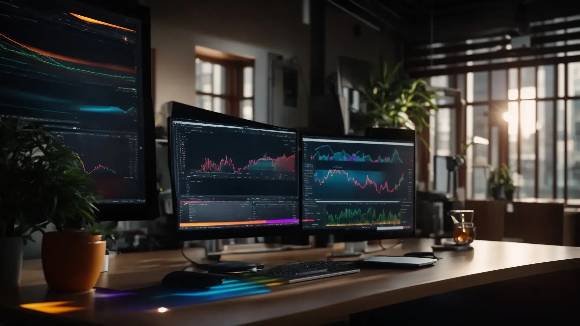 a vibrant workspace filled with a sleek computer displaying analytical graphs and colorful performance metrics, bathed in warm, natural light, symbolizing the mastery of seo tracking.