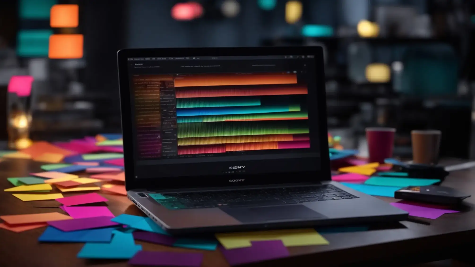 a vibrant workspace filled with colorful notes and a glowing laptop screen, depicting the dynamic process of crafting impactful meta titles and descriptions.