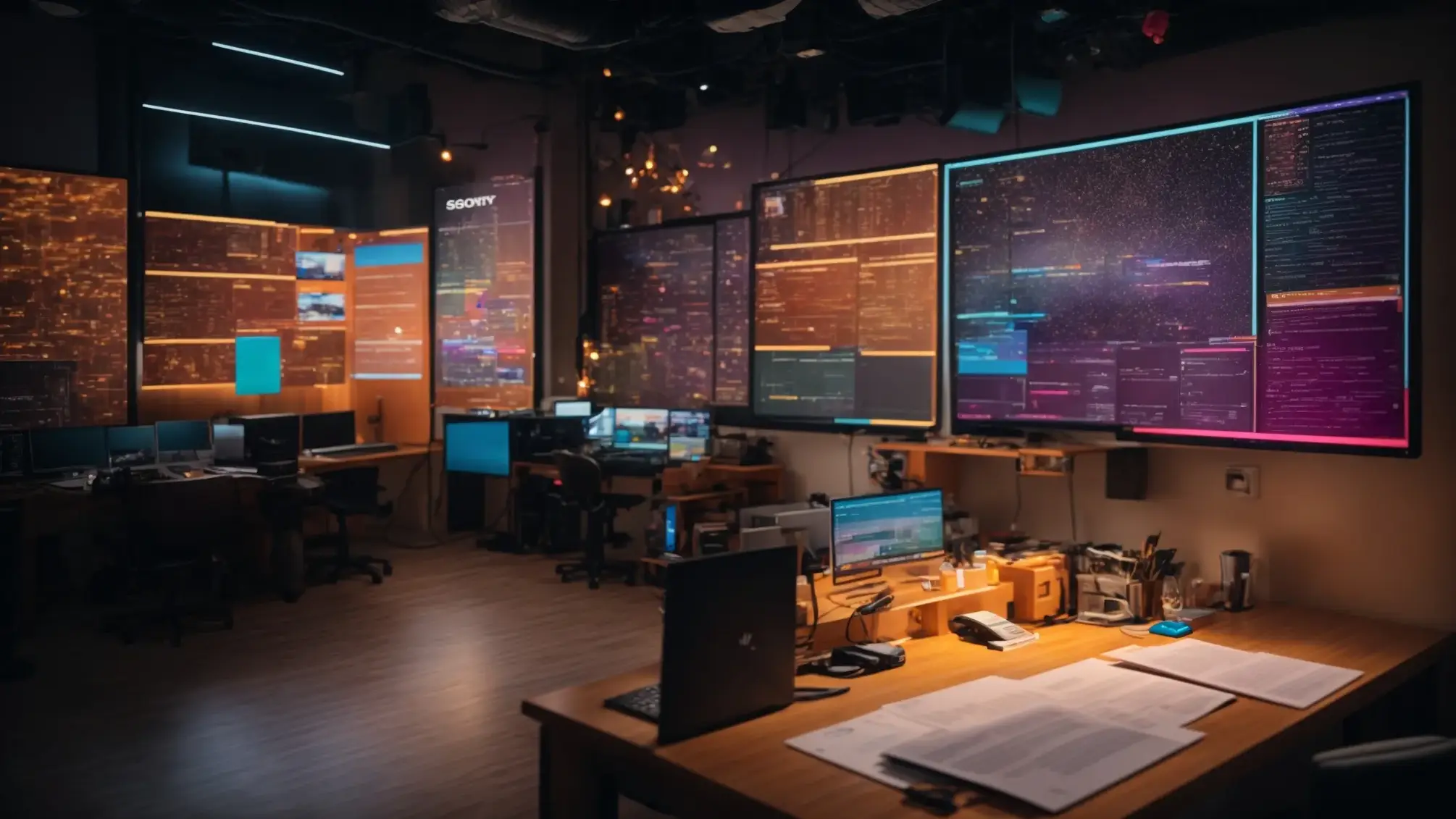 a vibrant workspace filled with colorful mind maps and interconnected flowcharts, illustrating the dynamic process of master keyword clustering in digital marketing.