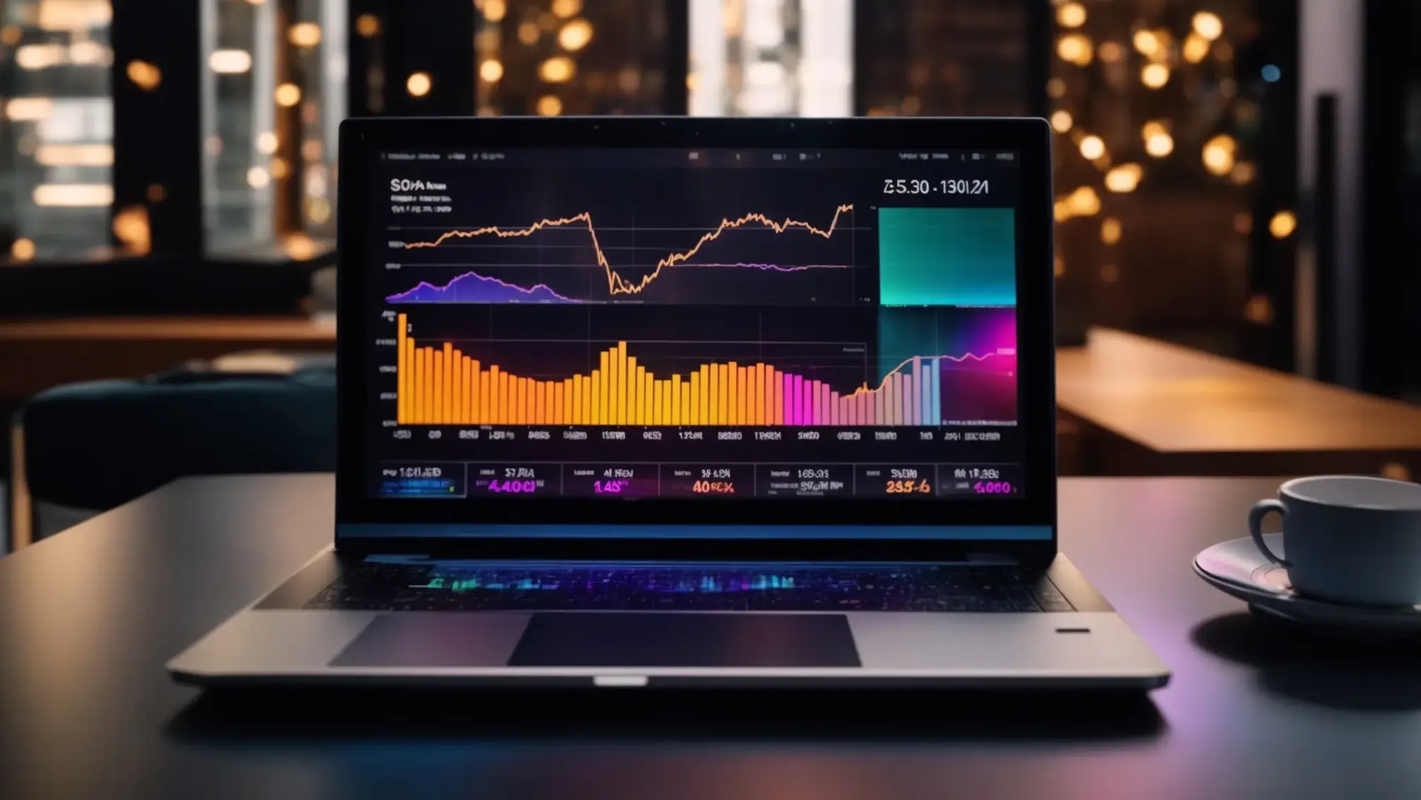 a visually captivating scene of an open laptop displaying an array of colorful graphs and analytics, illuminated by a warm, inviting desk lamp, symbolizing the mastery of optimizing meta titles and descriptions for digital success.