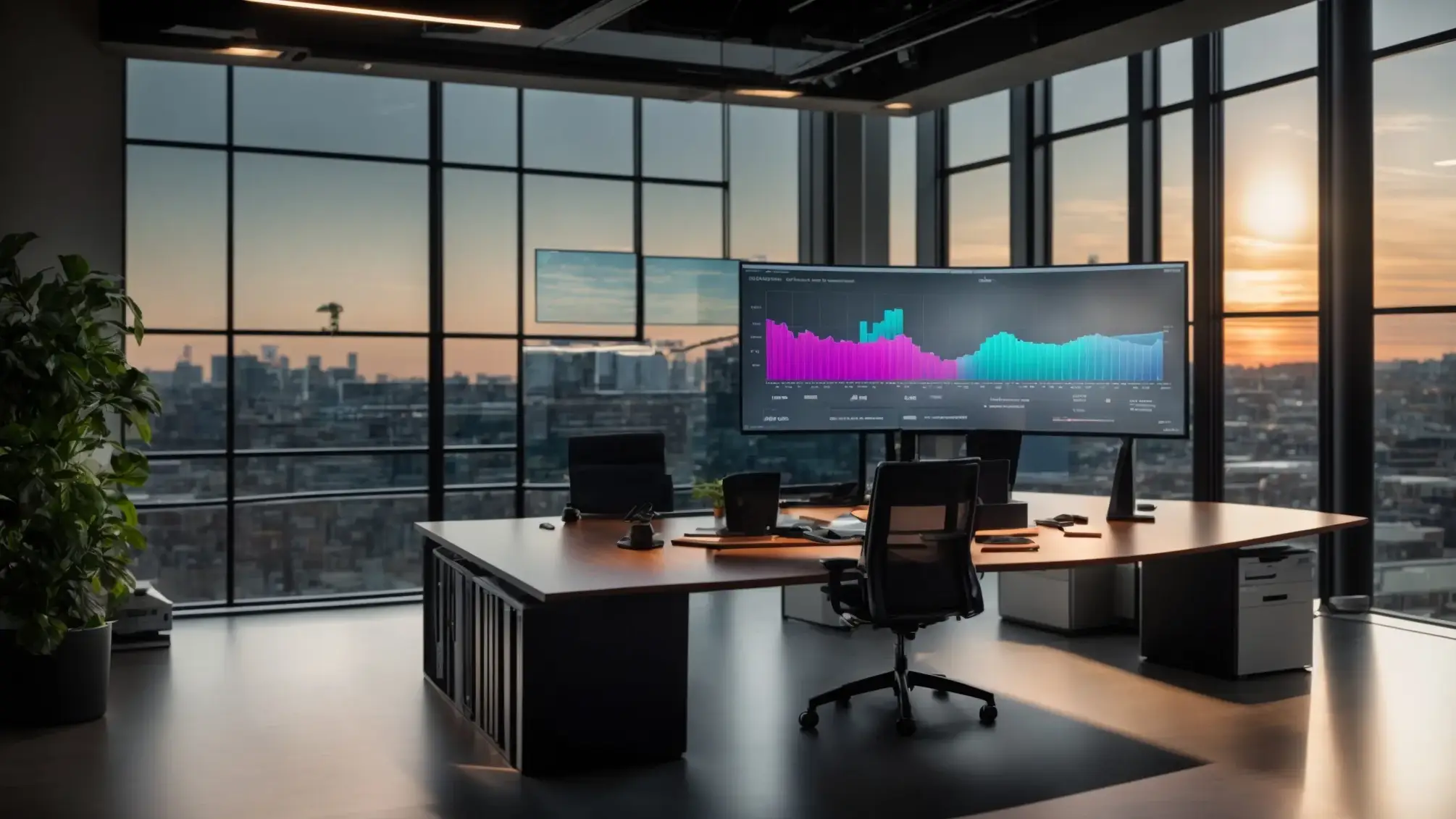 a visually striking office environment with a sleek computer screen displaying an vibrant graph showcasing seo performance metrics, illuminated by soft, natural lighting filtering through large windows.