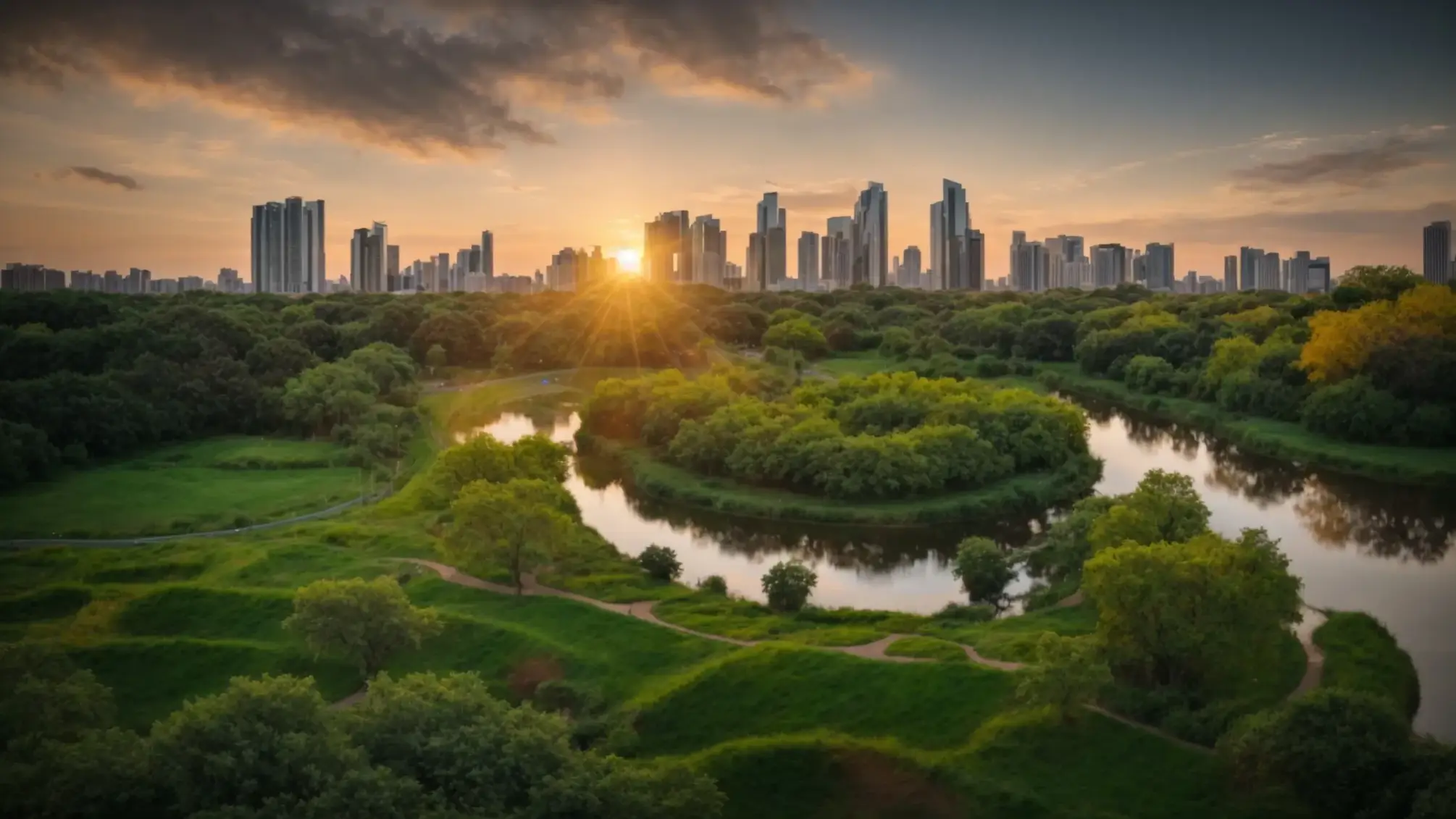 a captivating city skyline at sunset, with lush green parks in the foreground and modern, sustainable real estate developments reflecting vibrant colors, symbolizing growth and lasting impact.