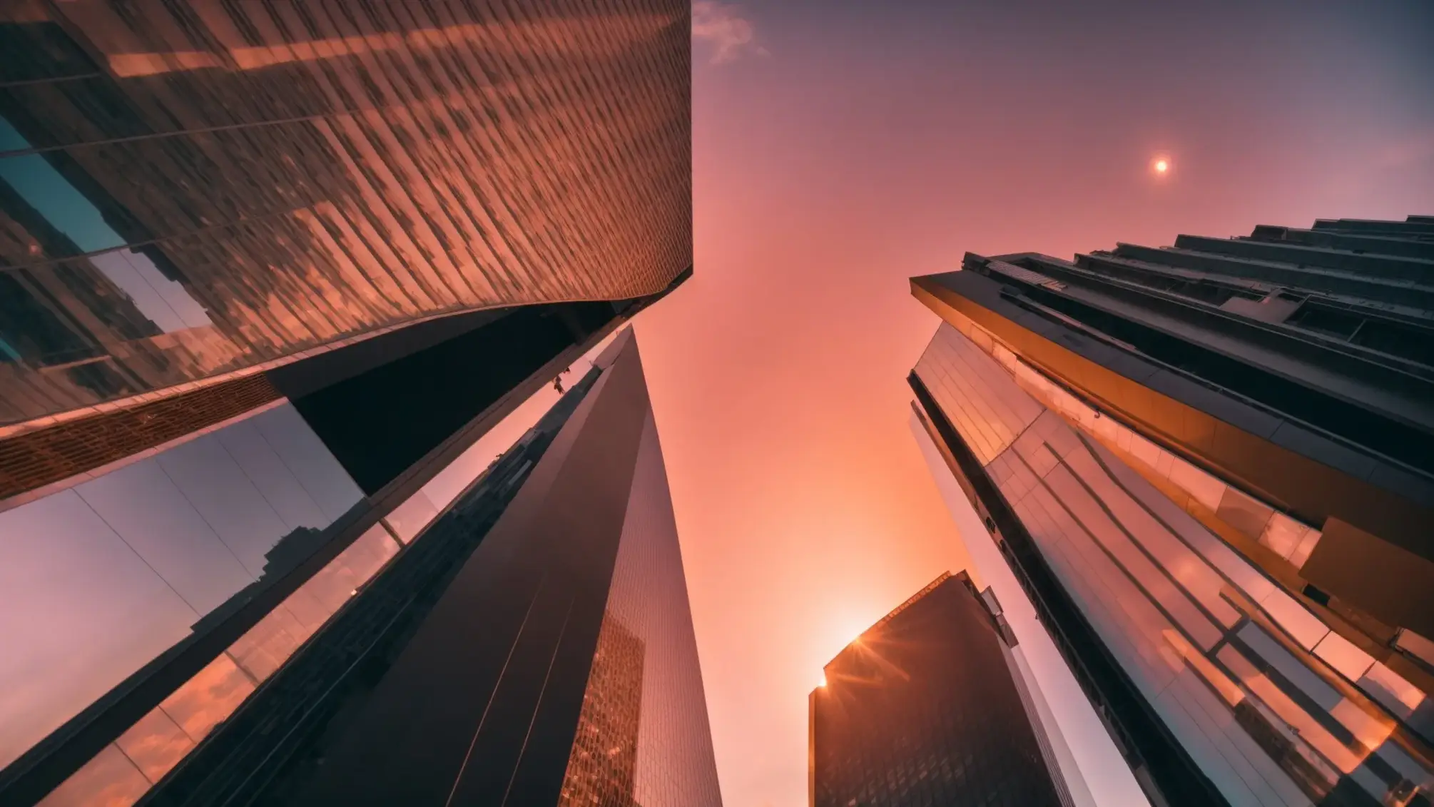 a striking upward view of a modern real estate office building against a vibrant sunset, symbolizing growth and success in the competitive world of real estate seo.